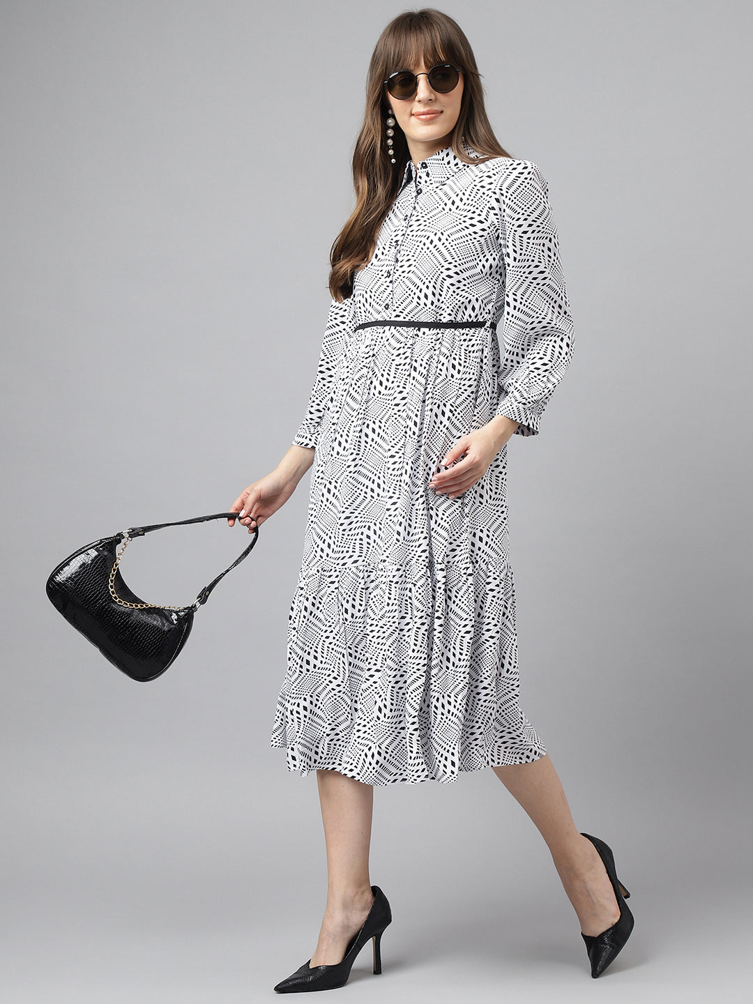 Ivory Shirt Collar 3/4 Sleeves Printed A-Line Dress For Casual Wear