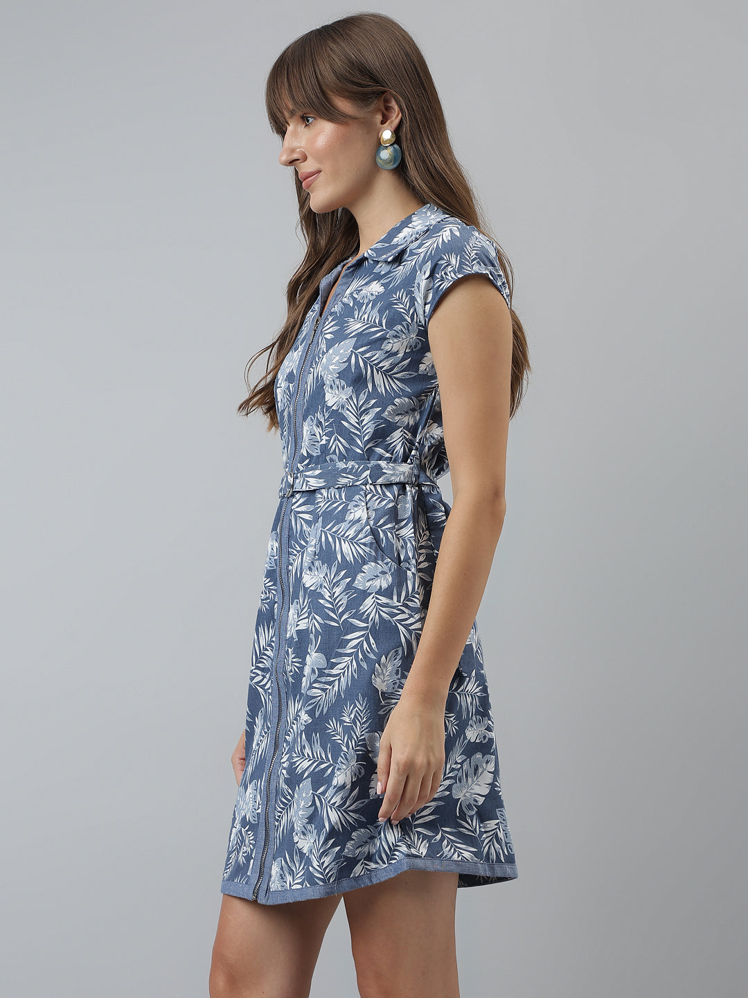 Printed Bodycon Casual Cap Sleeves Blue Dress