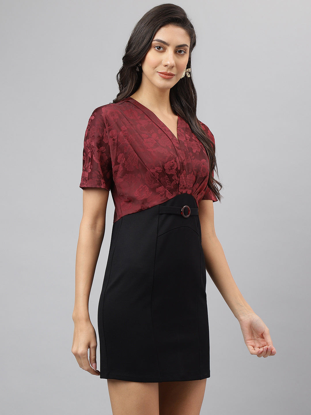Maroon Solid Half Sleeves Bodycon Short Dress