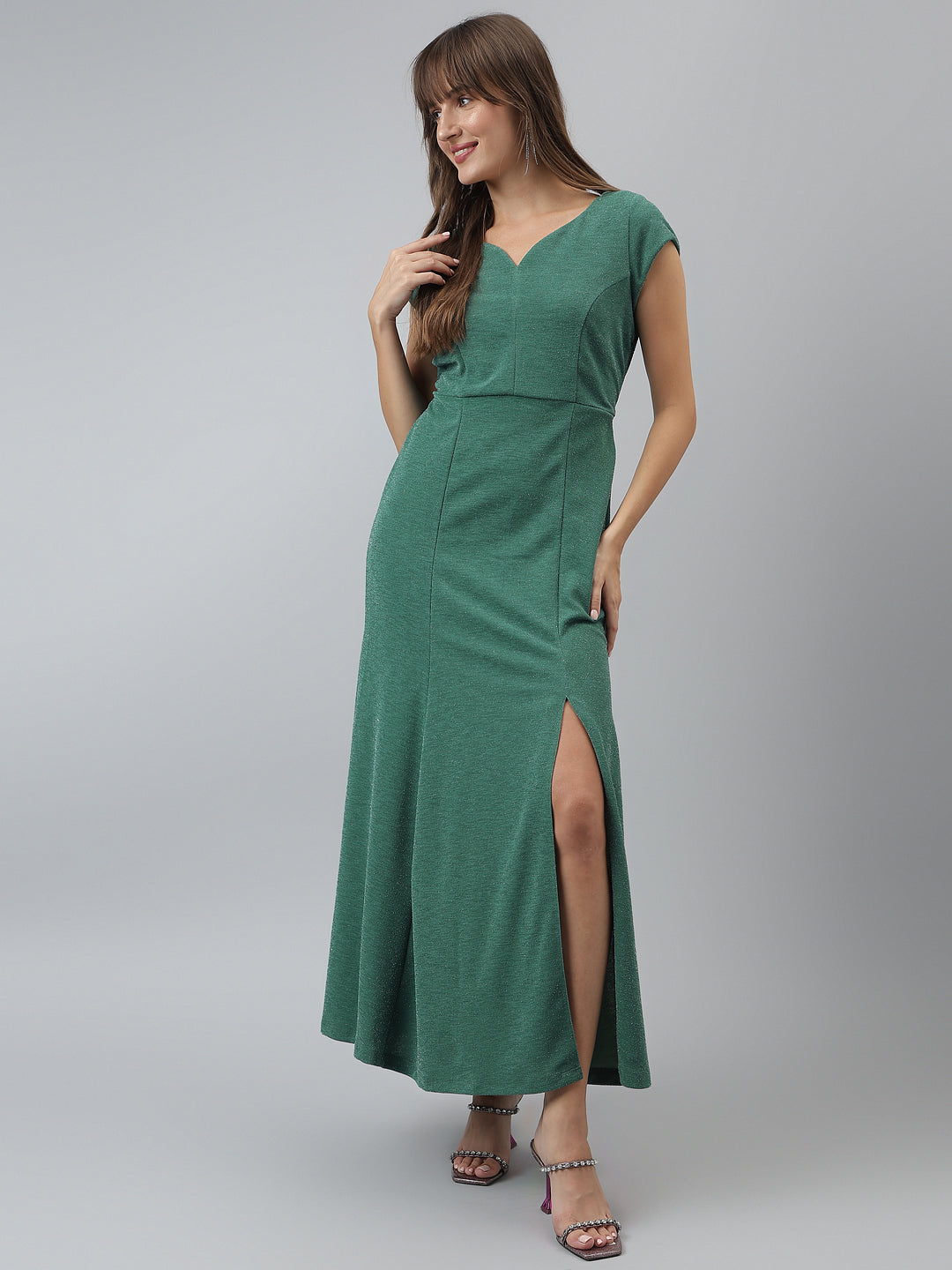 Solid A-Line Evening Cap Sleeves Green Dress
