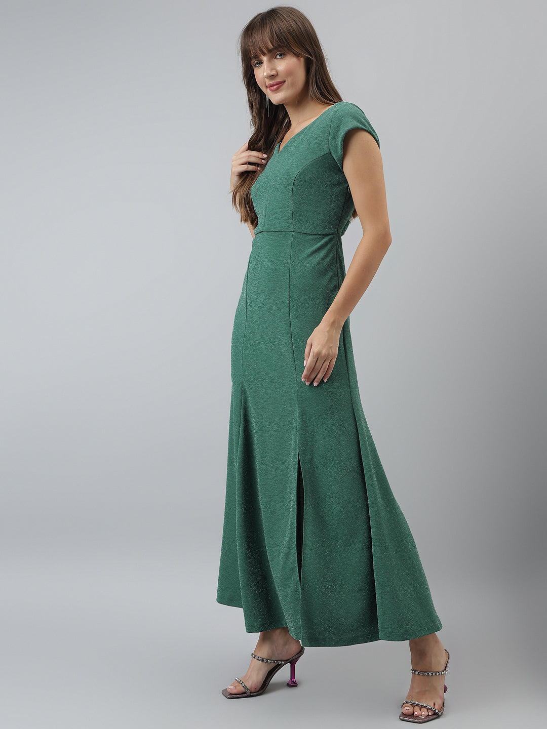 Solid A-Line Evening Cap Sleeves Green Dress