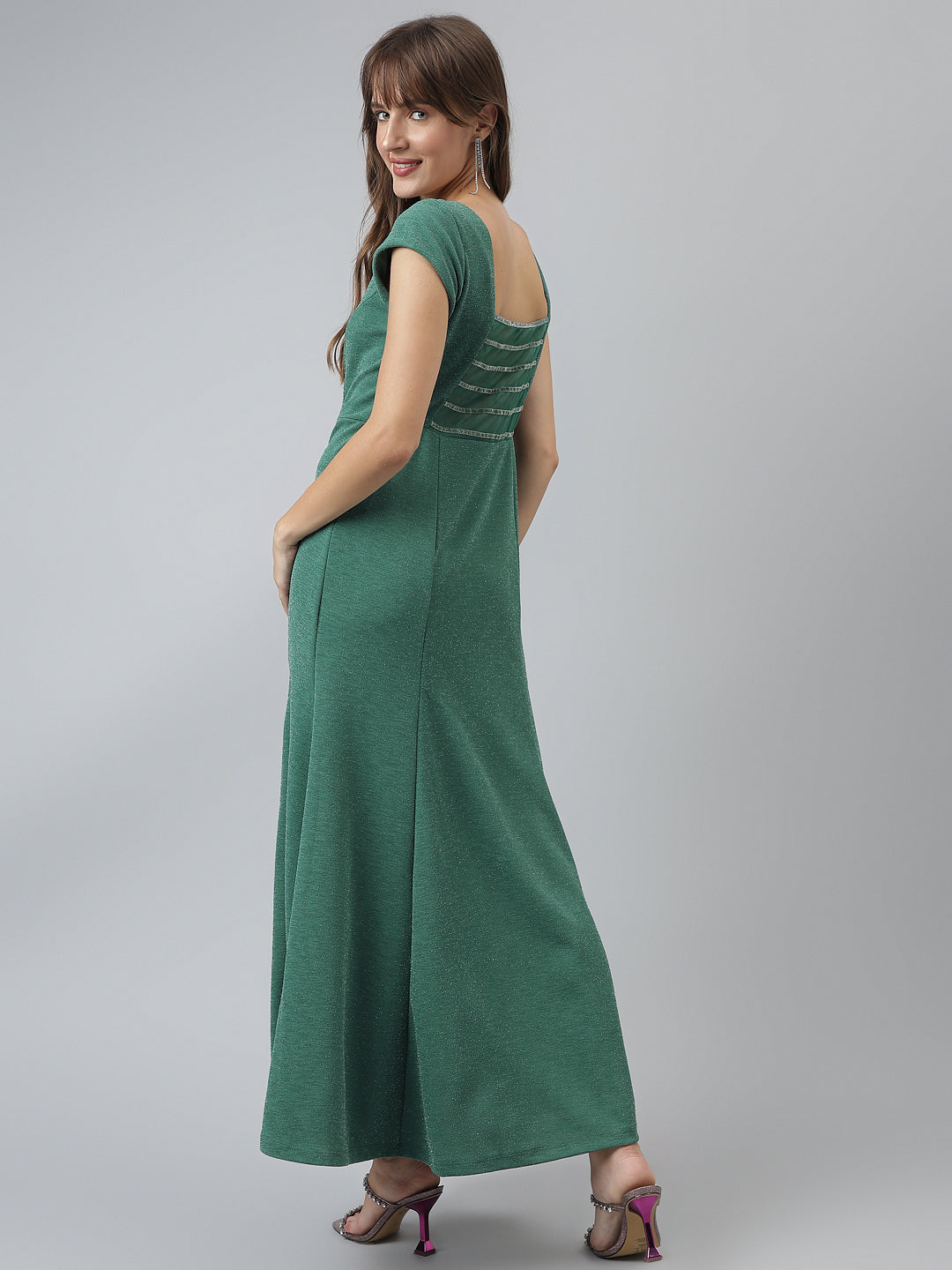 Solid A-Line Evening Cap Sleeves Green Dress