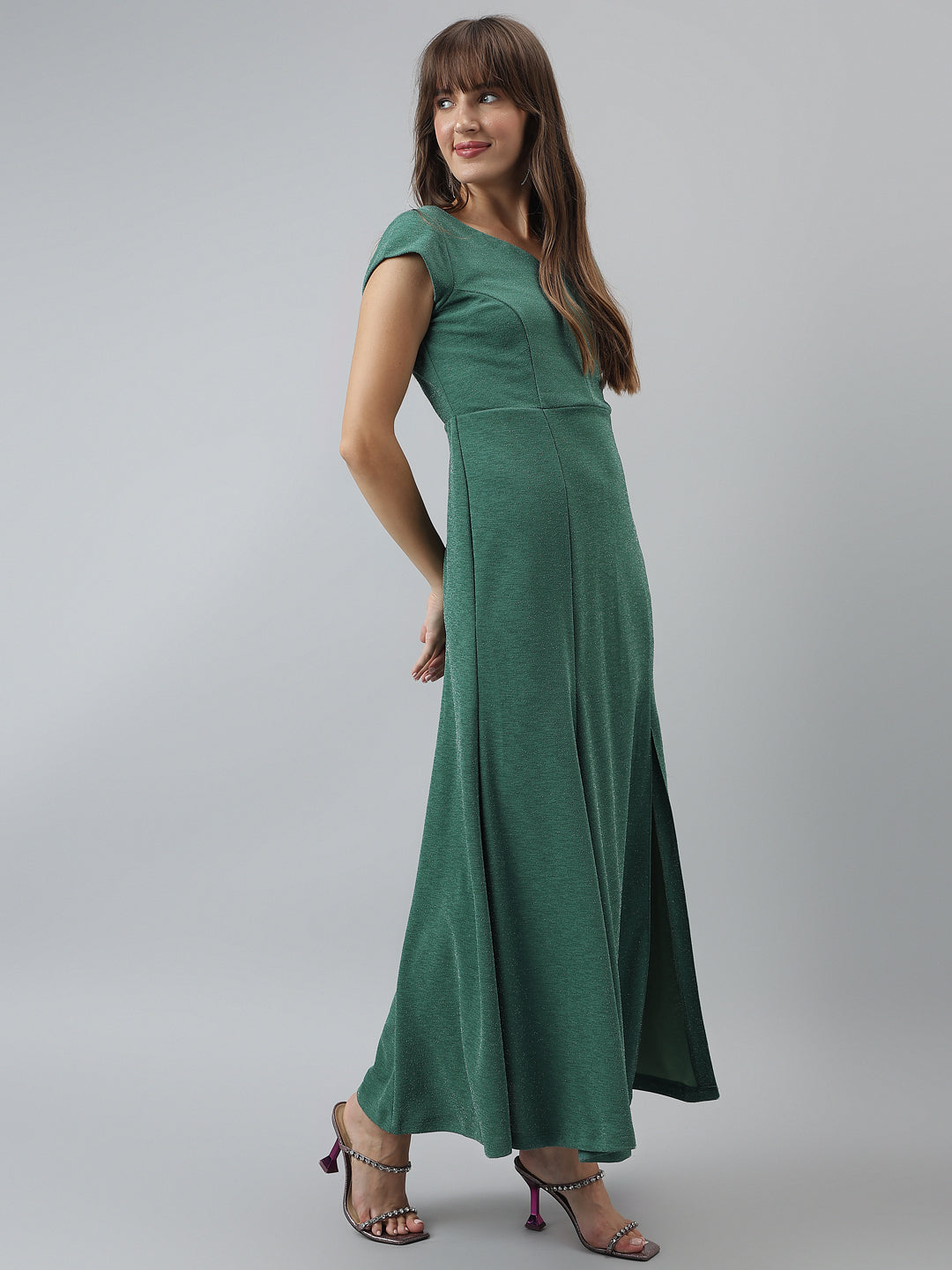 Solid A-Line Evening Cap Sleeves Green Dress