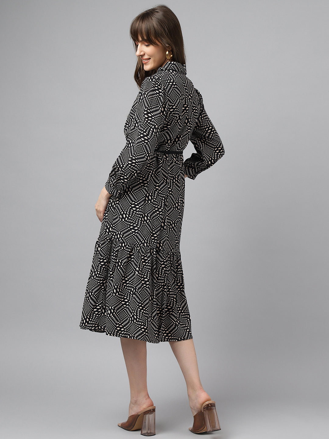 Beige Shirt Collar 3/4 Sleeves Printed A-Line Dress For Casual Wear