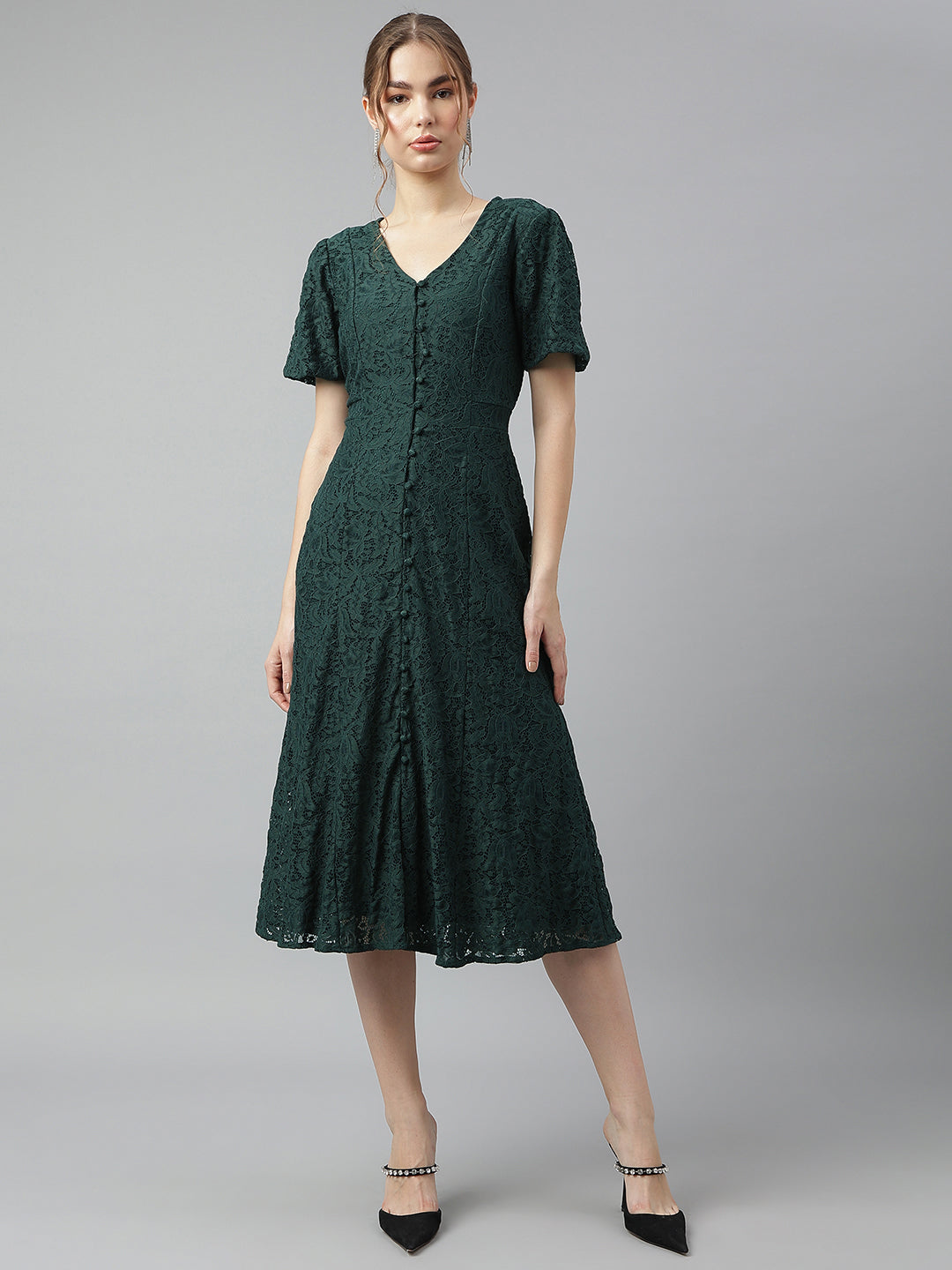 chinese dress ladies Round Neck Puff Sleeve A-Line Dress – Charming Charlie main image 0