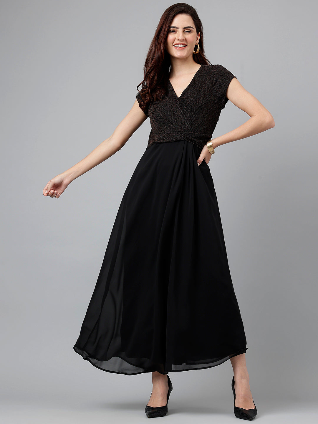 Black Cap Sleeve Vneck Maxi Dress Fit Flare