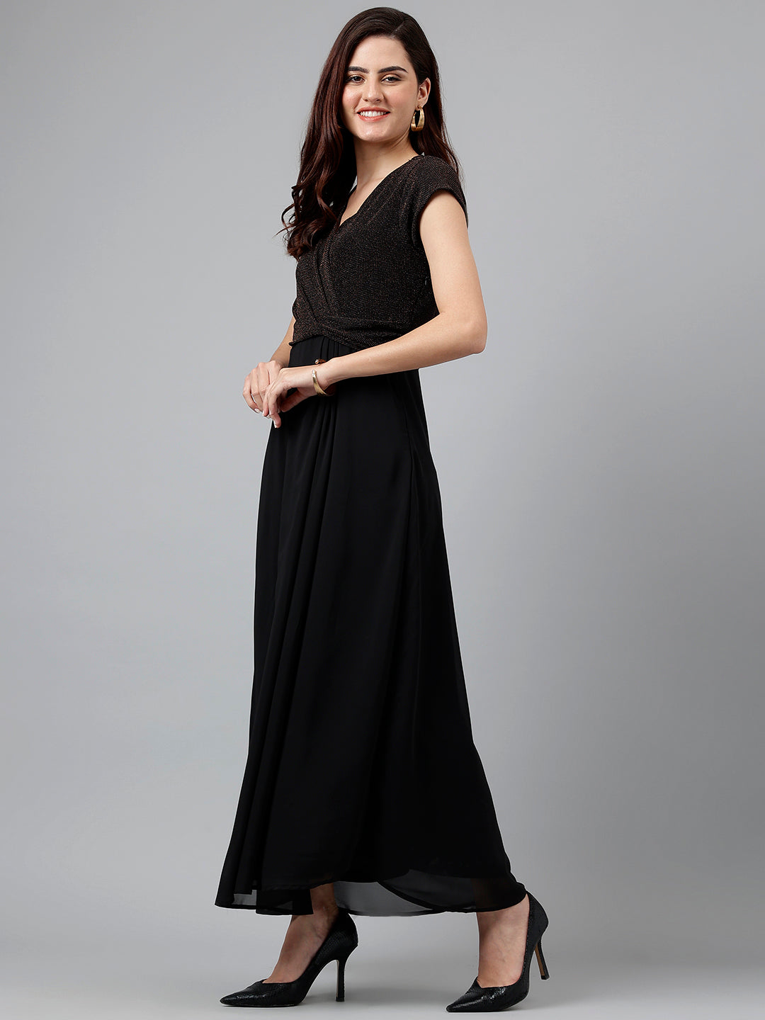 Black Cap Sleeve Vneck Maxi Dress Fit & Flare