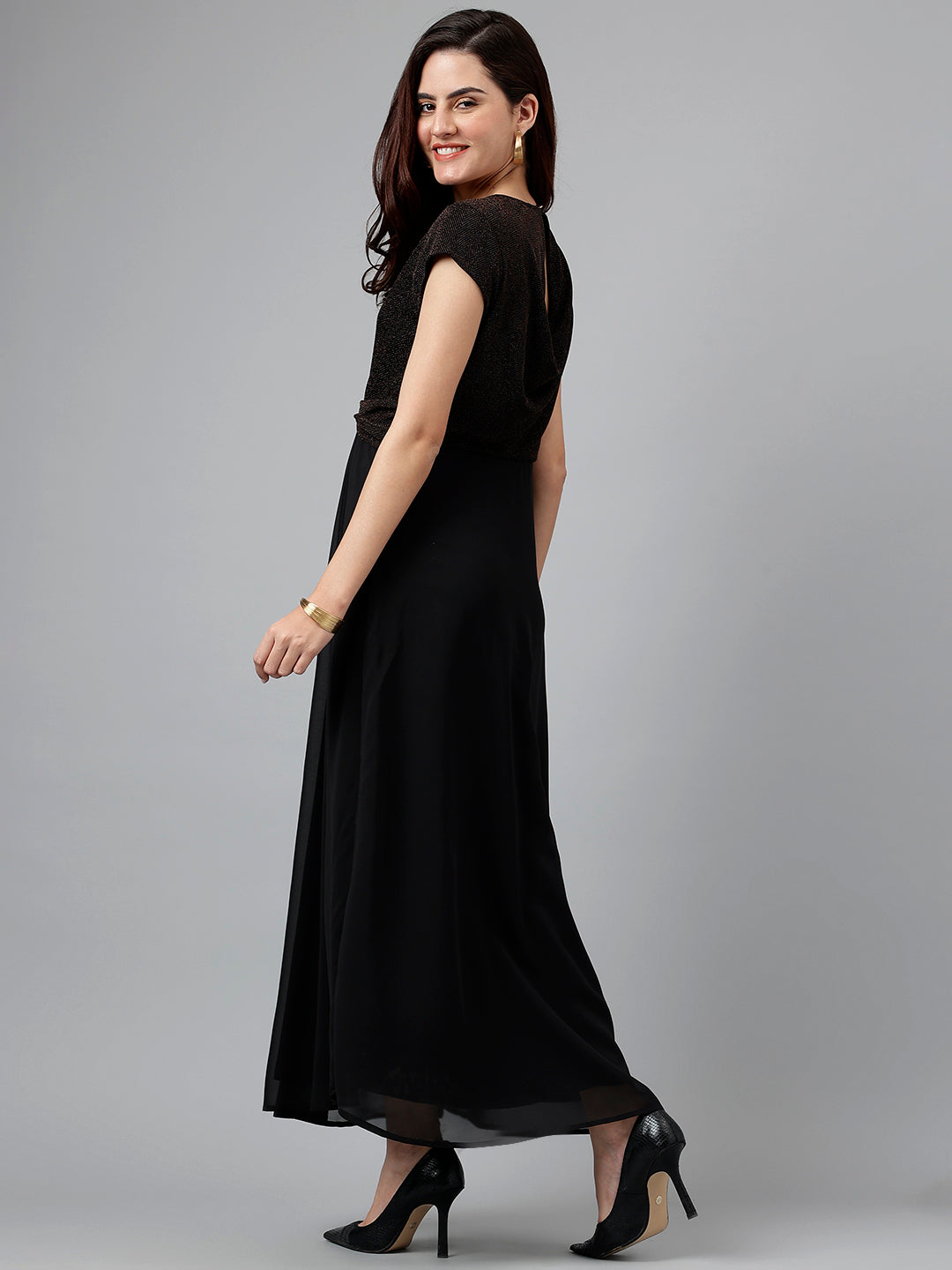 Black Cap Sleeve Vneck Maxi Dress Fit & Flare