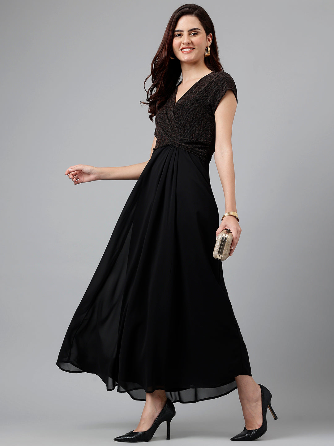 Black Cap Sleeve Vneck Maxi Dress Fit & Flare