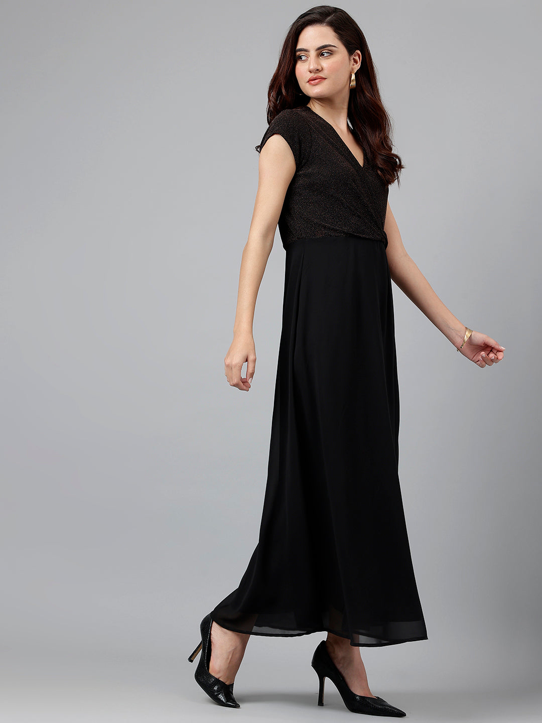 Black Cap Sleeve Vneck Maxi Dress Fit & Flare