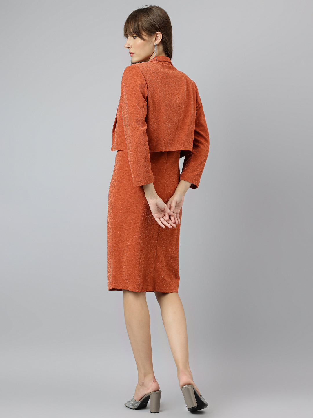 Brown V Neck Three Quarter Sleeves Bodycon Knee Length Dress For Party Wear