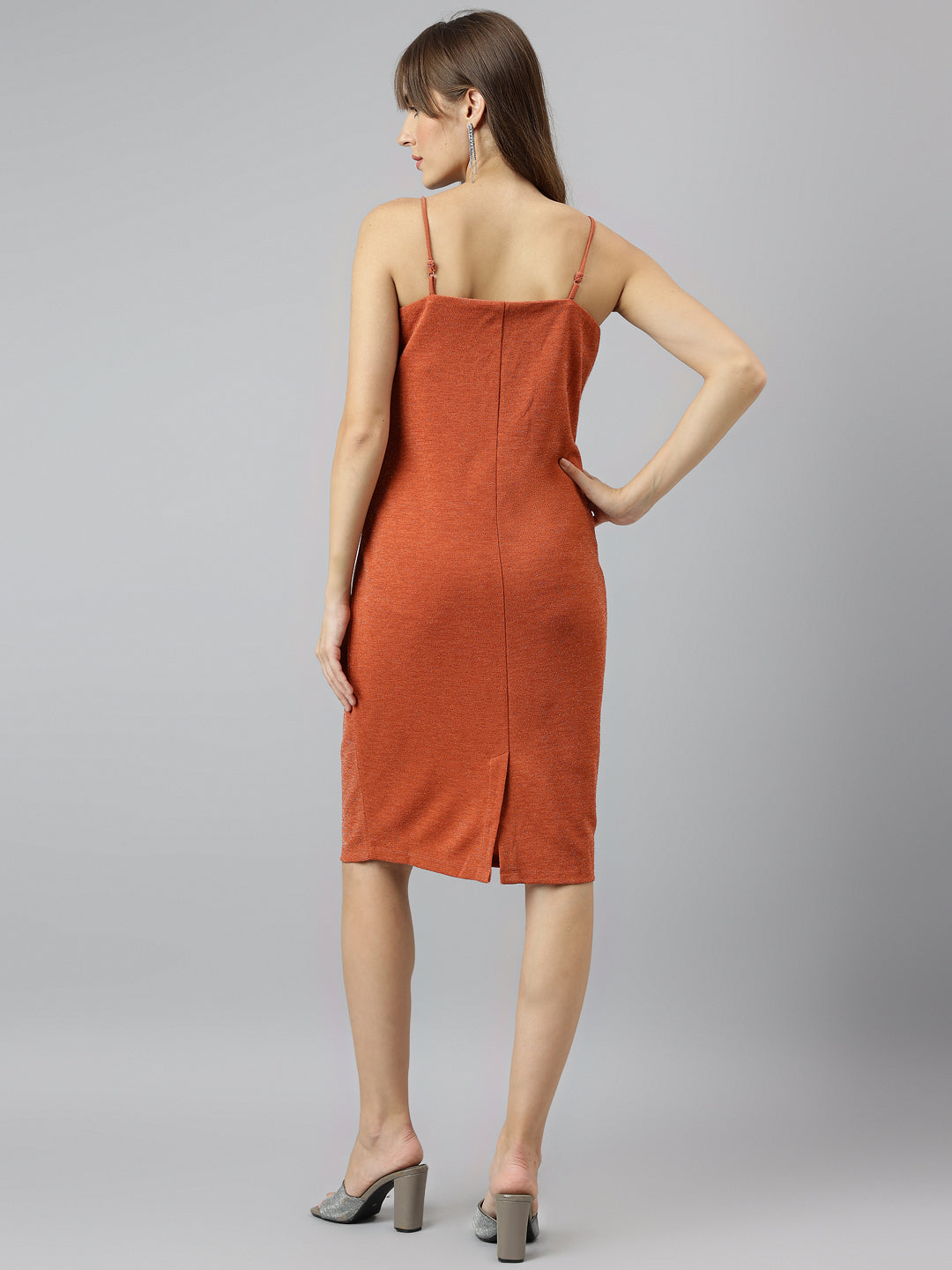 Brown V Neck Three Quarter Sleeves Bodycon Knee Length Dress For Party Wear