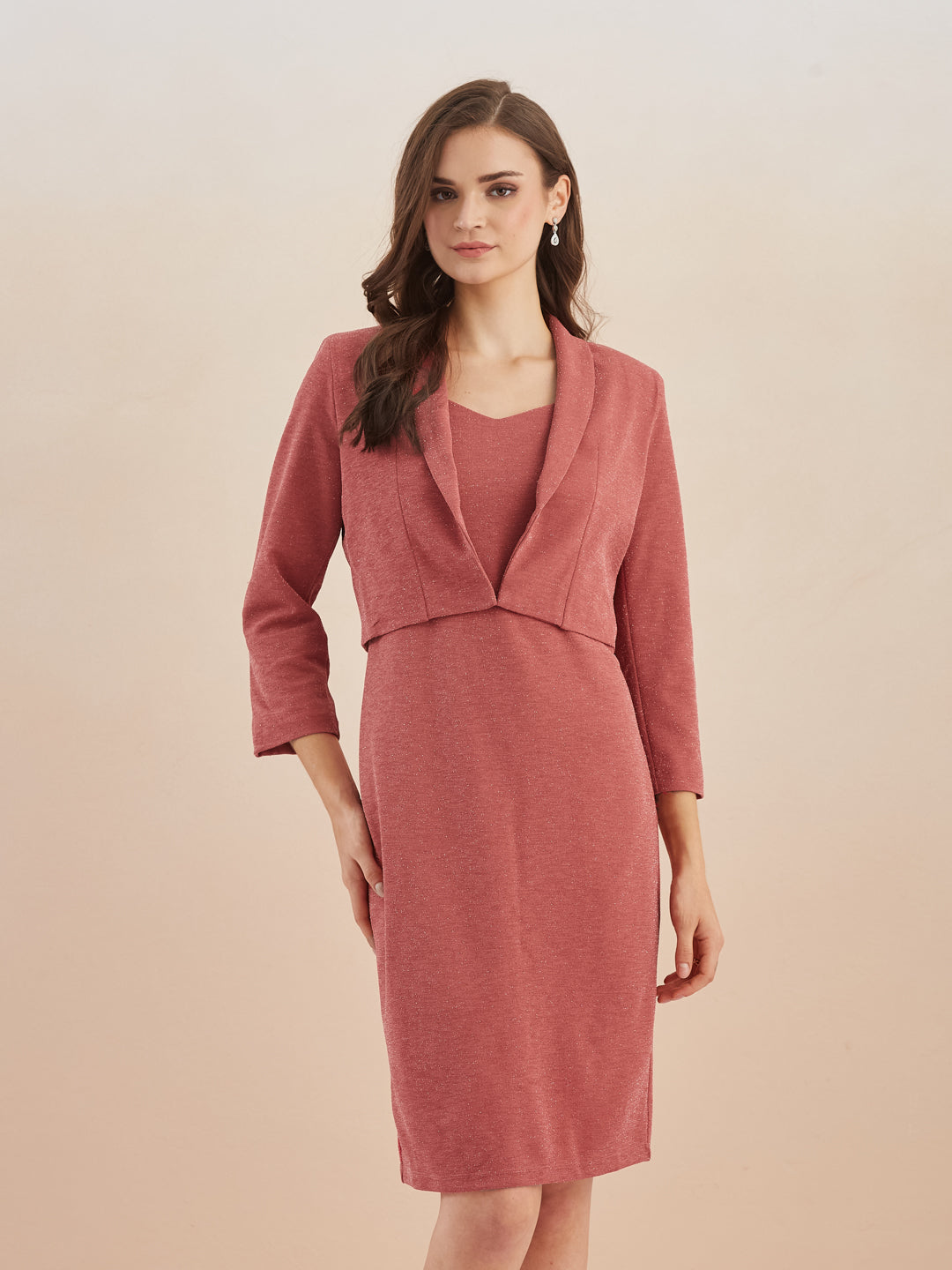 Latin Quarters Women Pink Solid V-Neck Bodycon Midi Dress with Shrug for Party Occasion