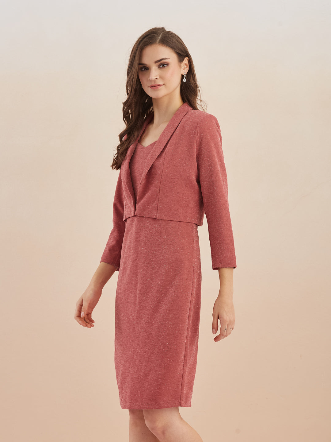 Latin Quarters Women Pink Solid V-Neck Bodycon Midi Dress with Shrug for Party Occasion