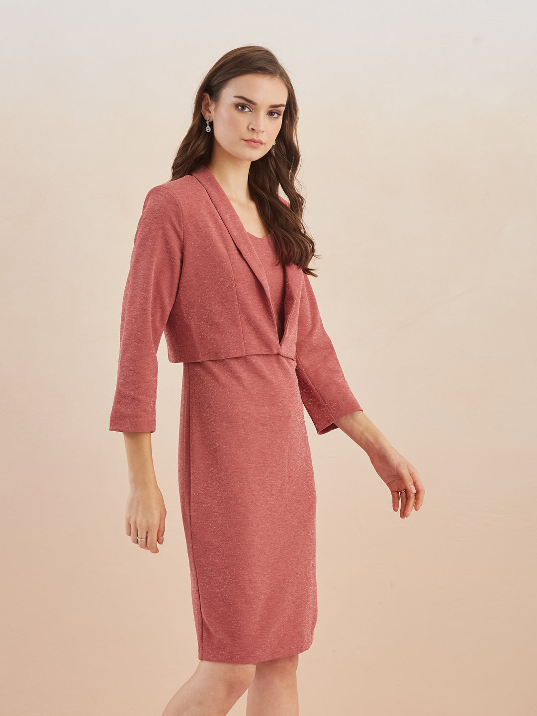 Latin Quarters Women Pink Solid V-Neck Bodycon Midi Dress with Shrug for Party Occasion