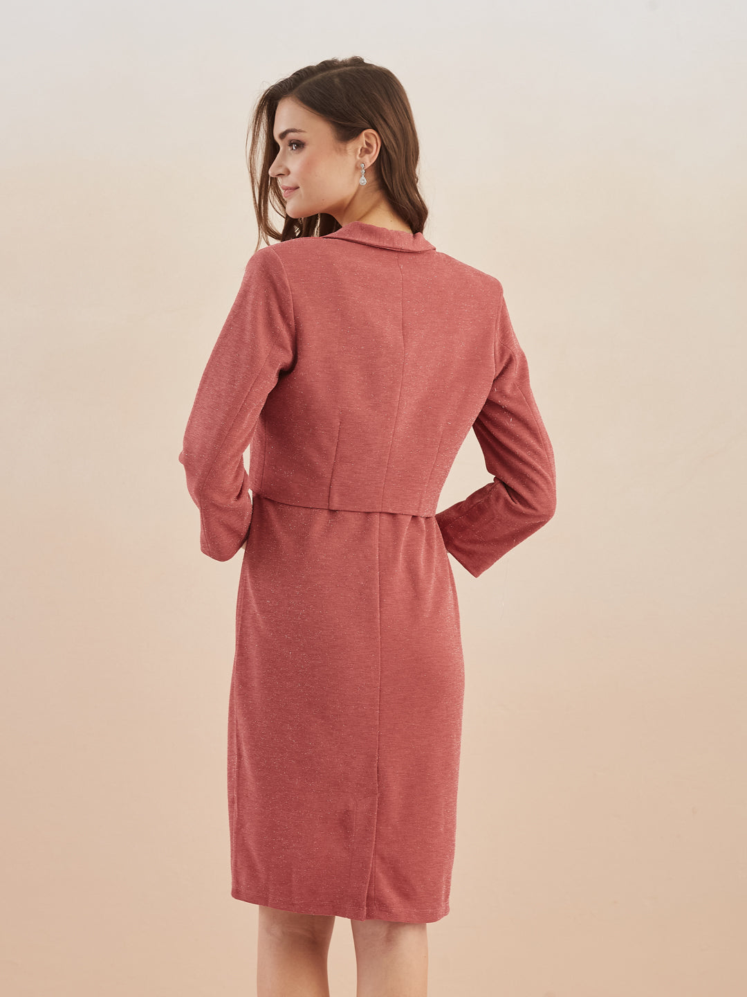 Latin Quarters Women Pink Solid V-Neck Bodycon Midi Dress with Shrug for Party Occasion