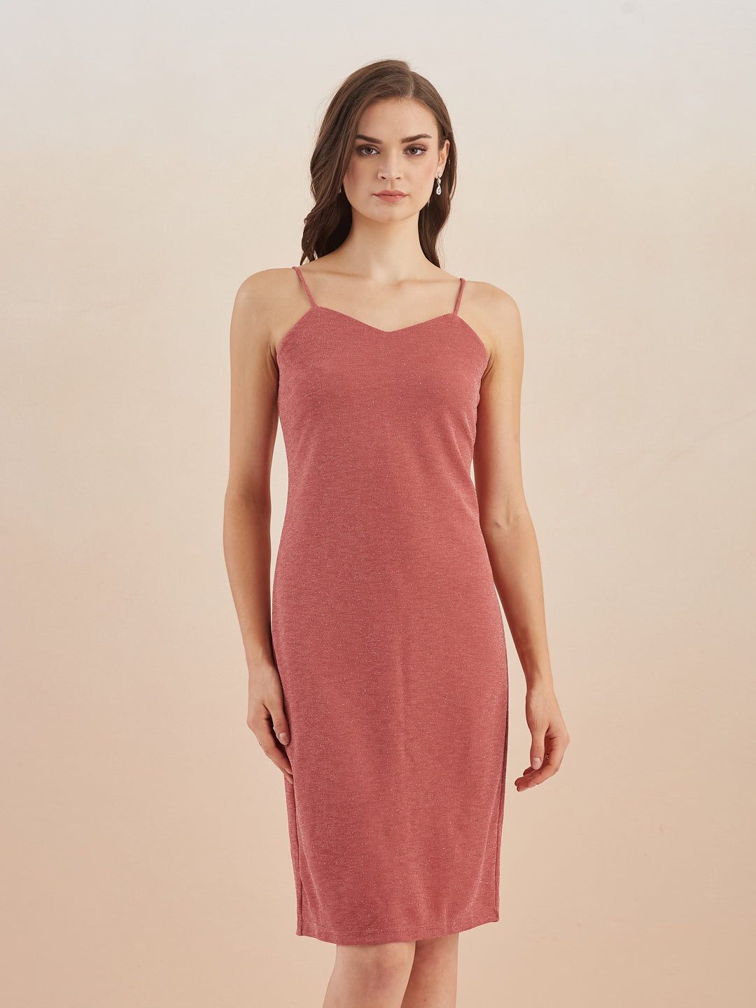 Latin Quarters Women Pink Solid V-Neck Bodycon Midi Dress with Shrug for Party Occasion