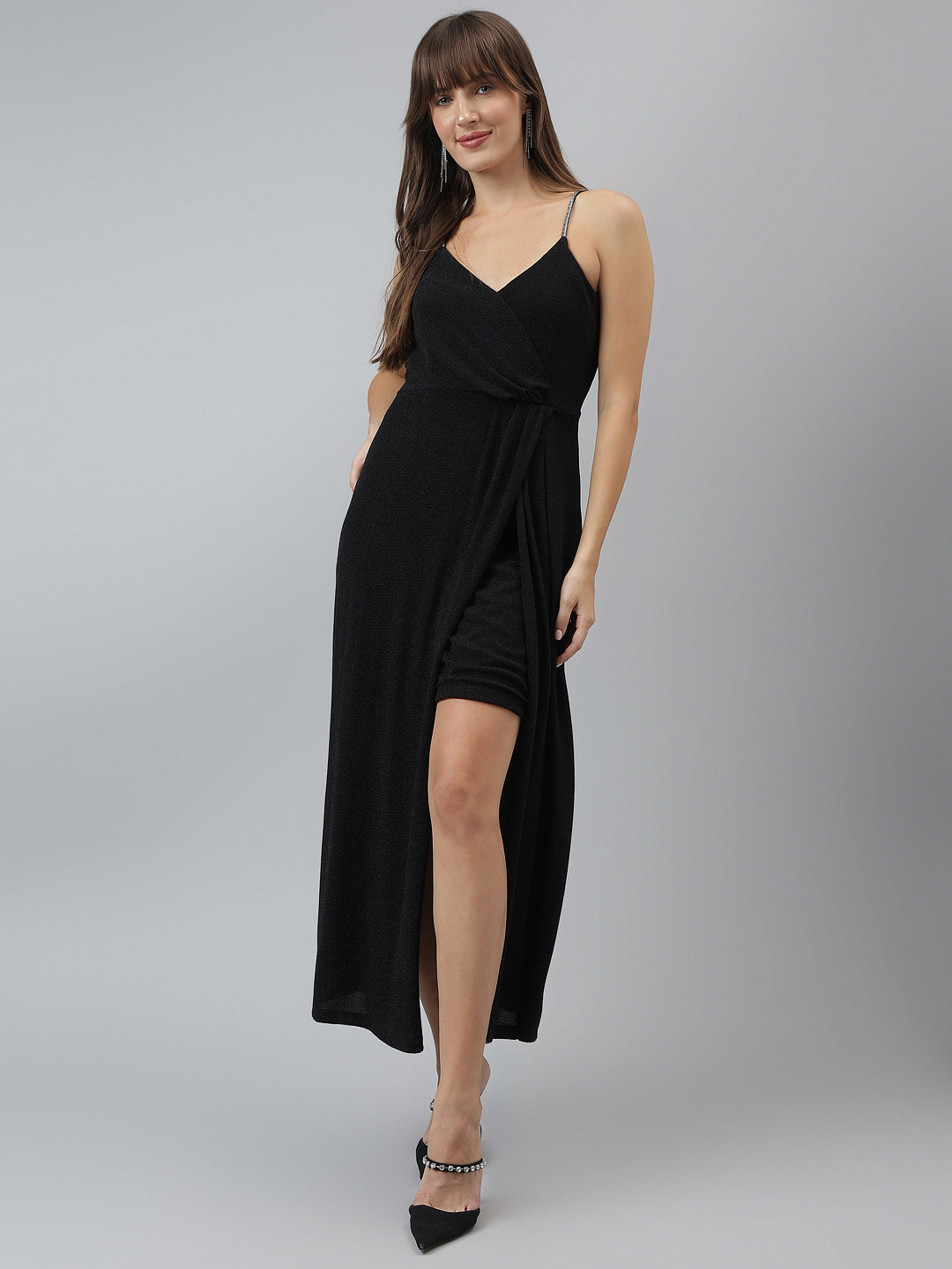 Solid A-Line Evening Strap Black Dress