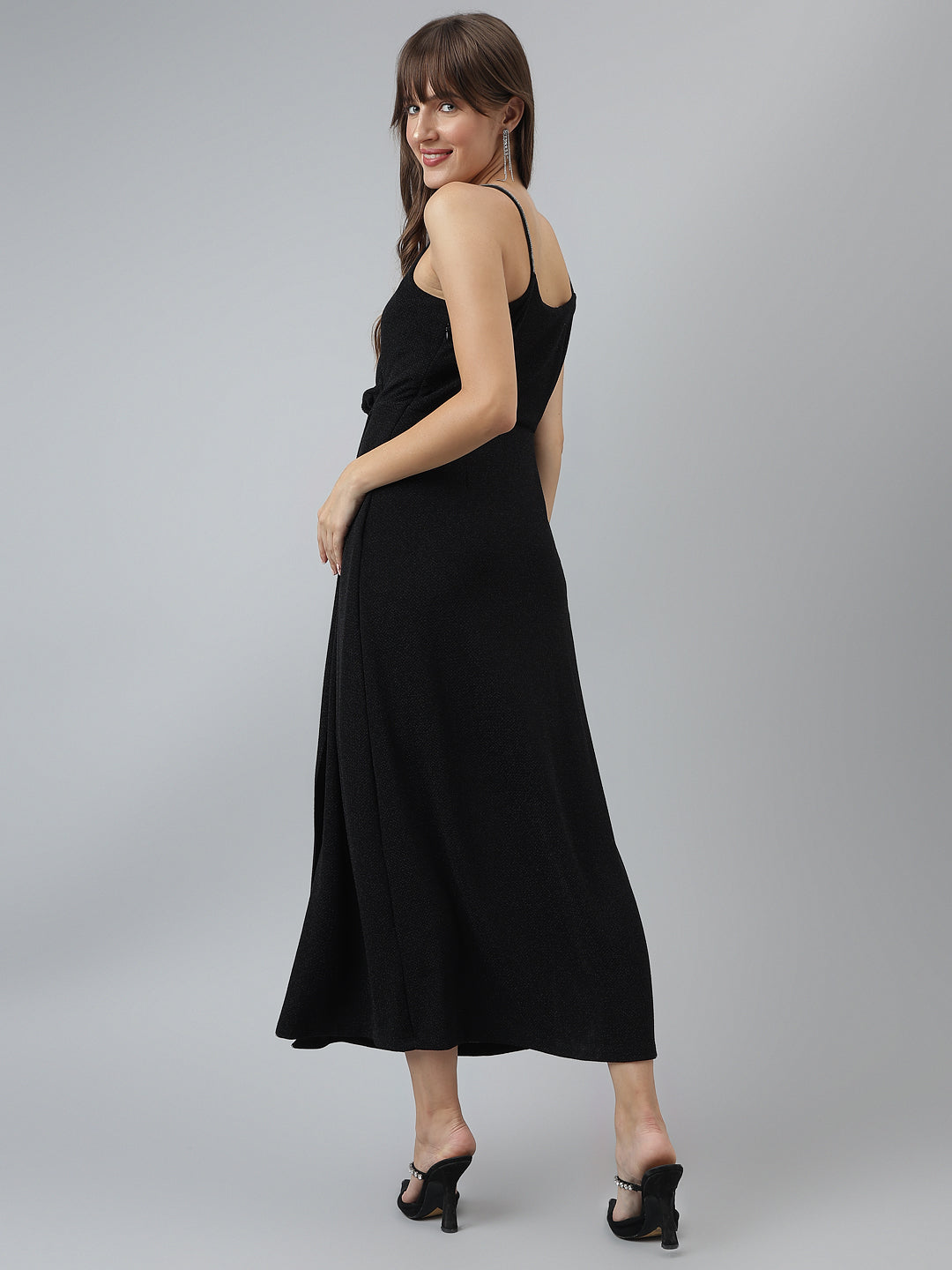 Solid A-Line Evening Strap Black Dress