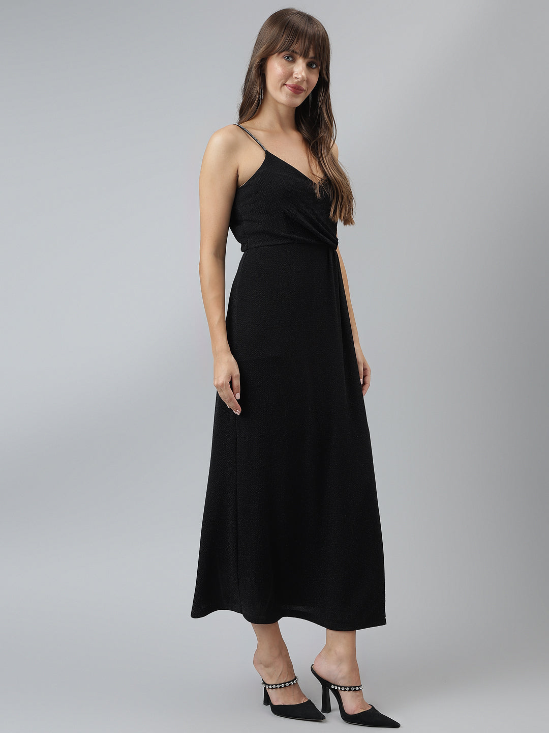 Solid A-Line Evening Strap Black Dress