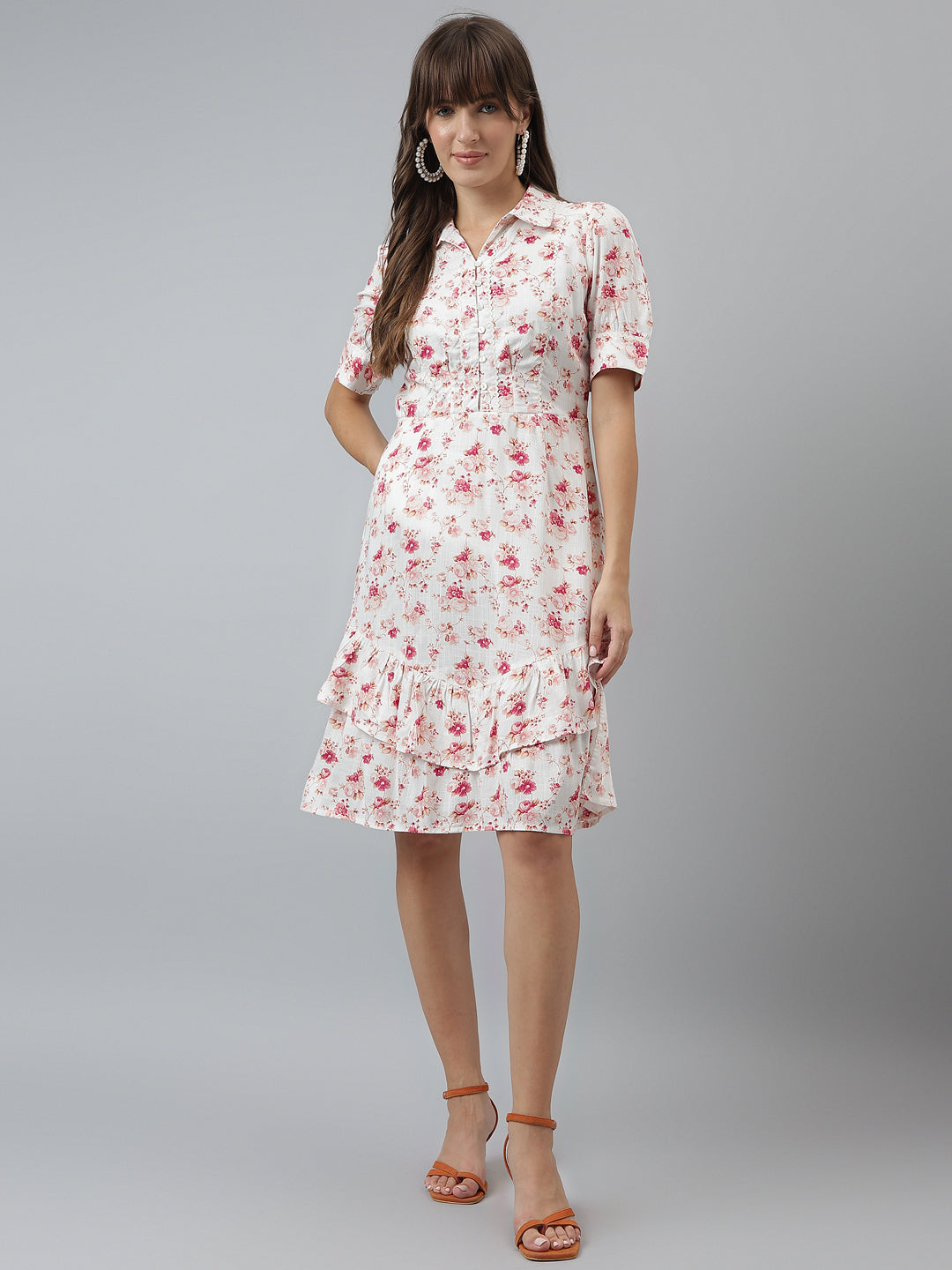 Printed A Line Casual Half Sleeves Pink Dress