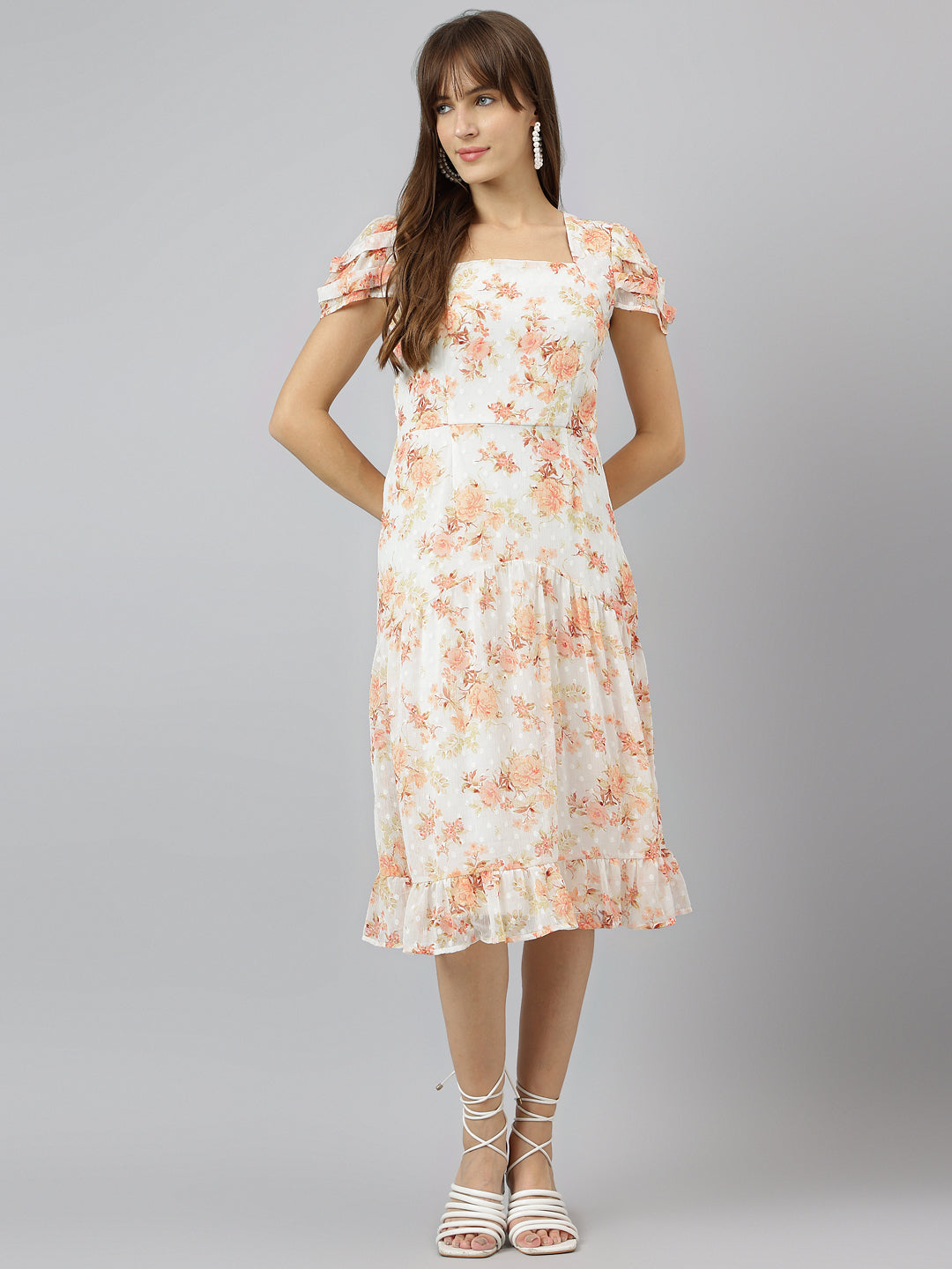 strapless open back dress Orange Square Neck Short Sleeves A Line Knee Length Dress For Casual W