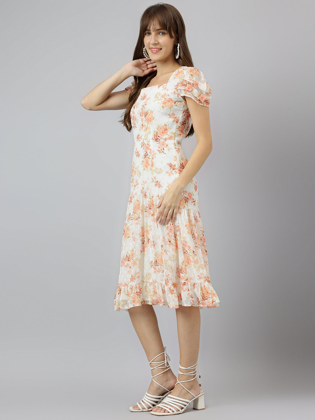 Orange Square Neck Short Sleeves A Line Knee Length Dress For Casual Wear