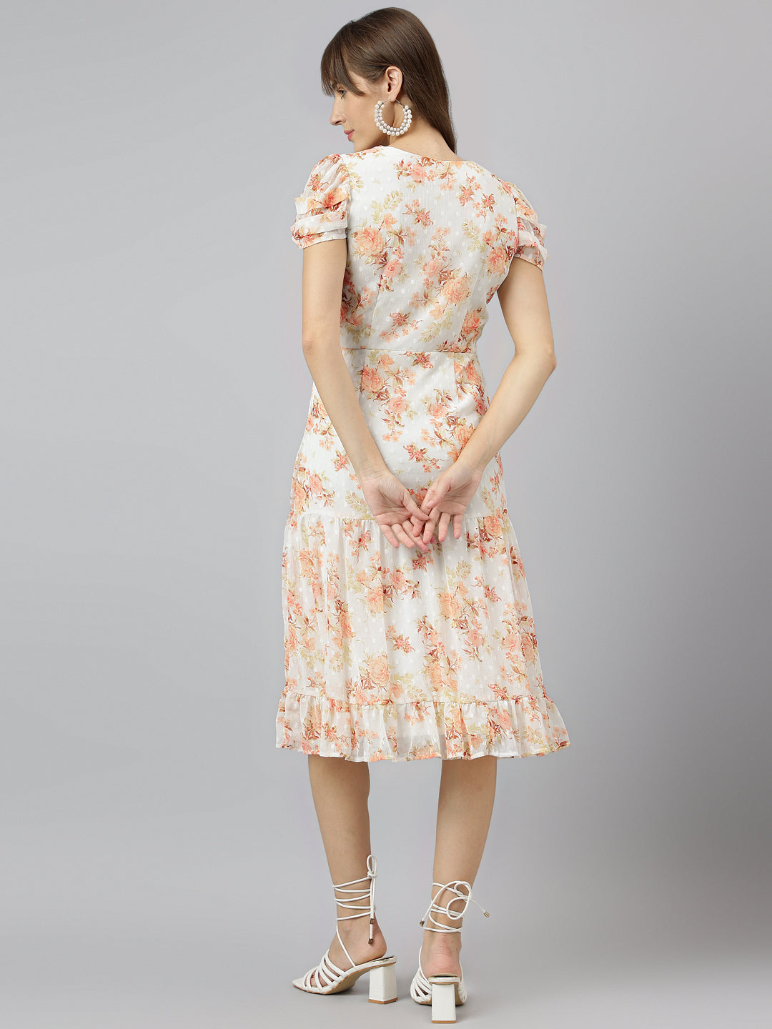 Orange Square Neck Short Sleeves A Line Knee Length Dress For Casual Wear