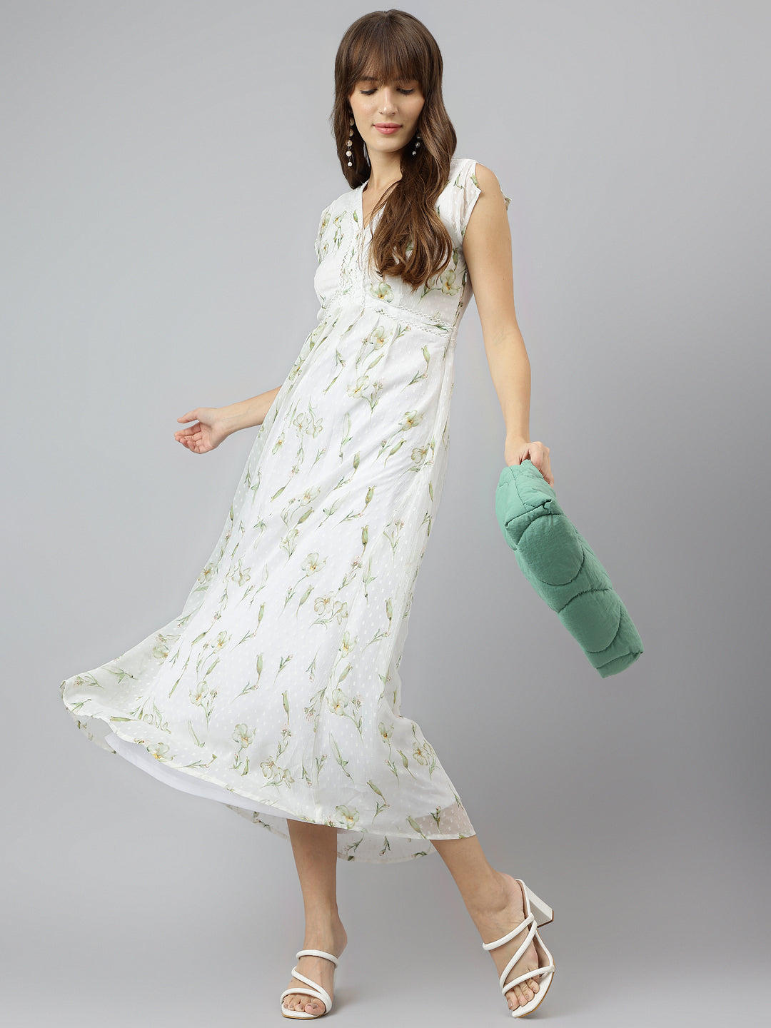 Green V Neck Half Sleeves Fit And Flare Maxi Dress For Casual Wear