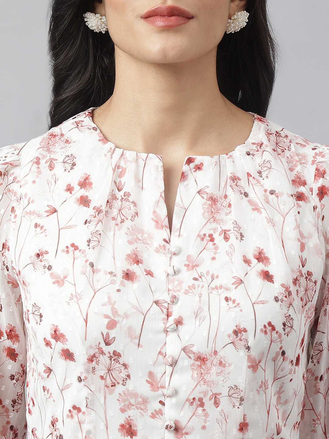 White 3/4 Sleeve V-Neck Printed Above Knee Dress For Casual Wear