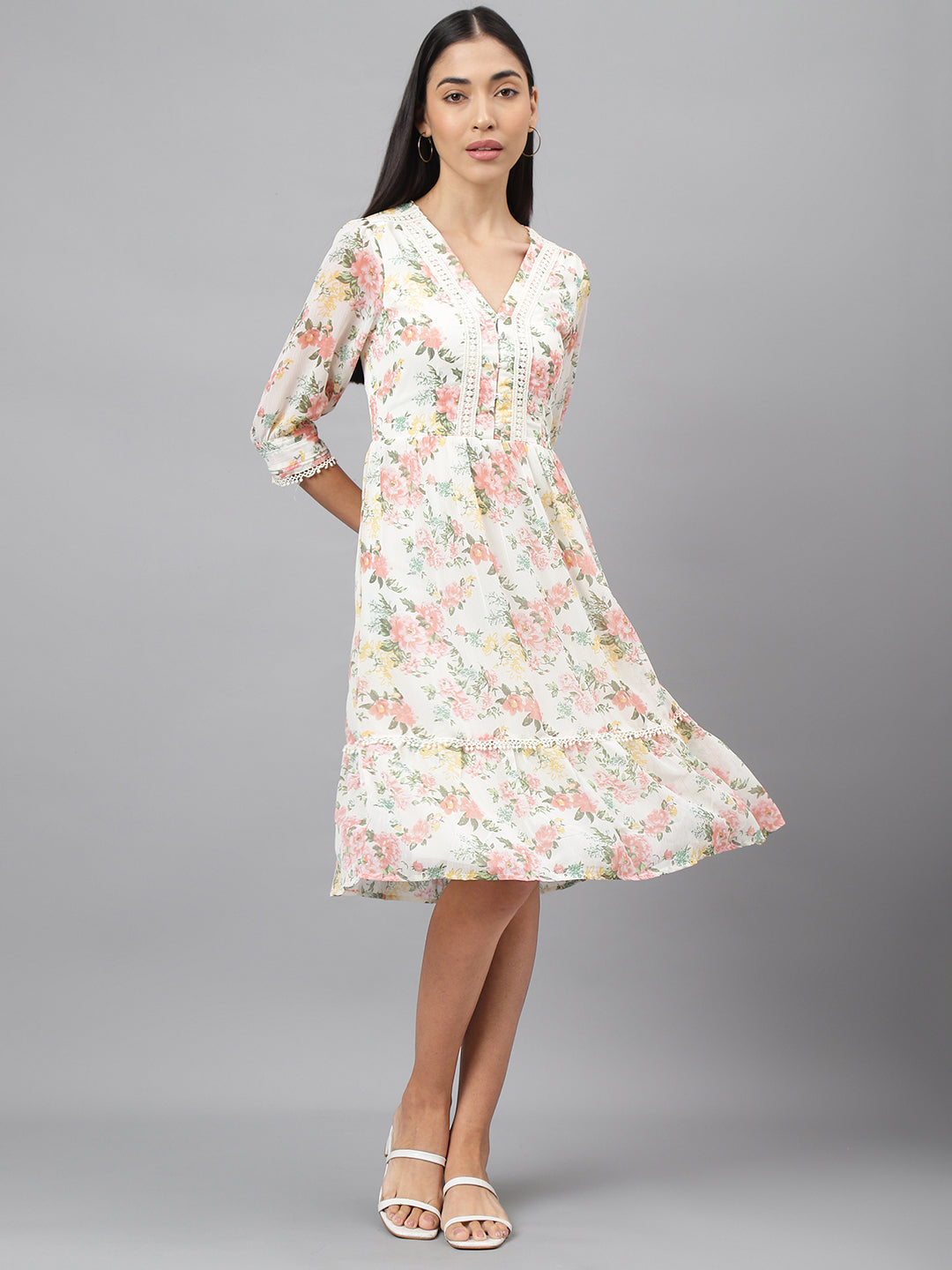 Pink 3/4 Sleeve A Line Vneck Knee Length Dress