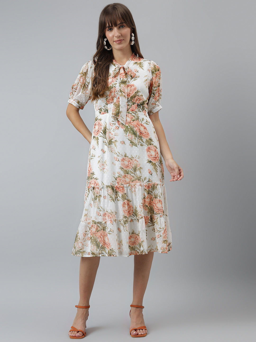 Printed A-Line Casual Half Sleeves Ivory Dress