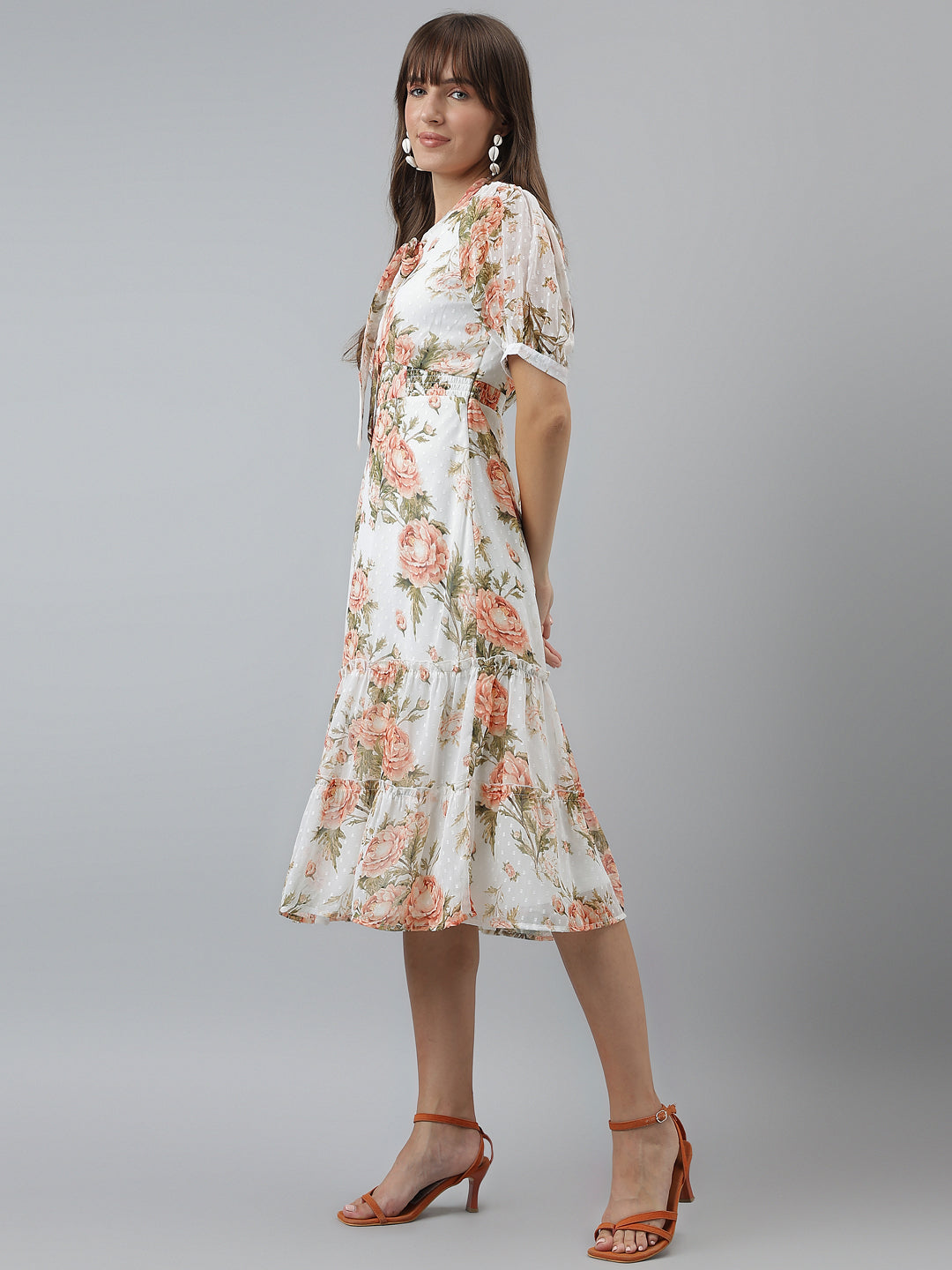 Printed A-Line Casual Half Sleeves Ivory Dress