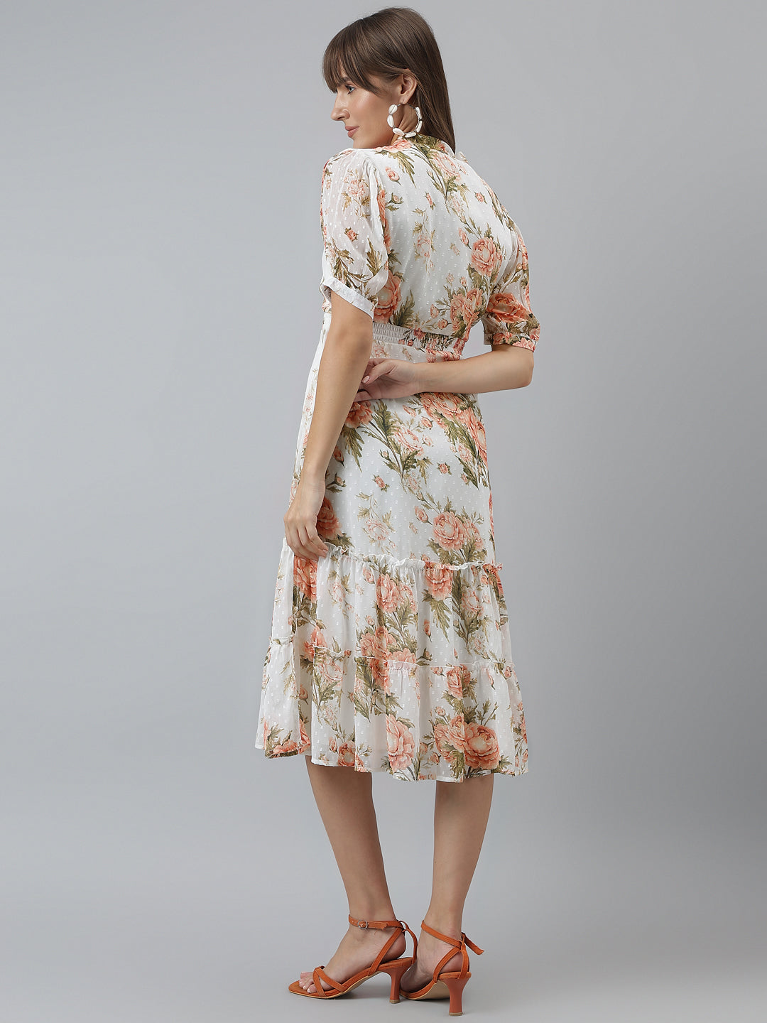 Printed A-Line Casual Half Sleeves Ivory Dress