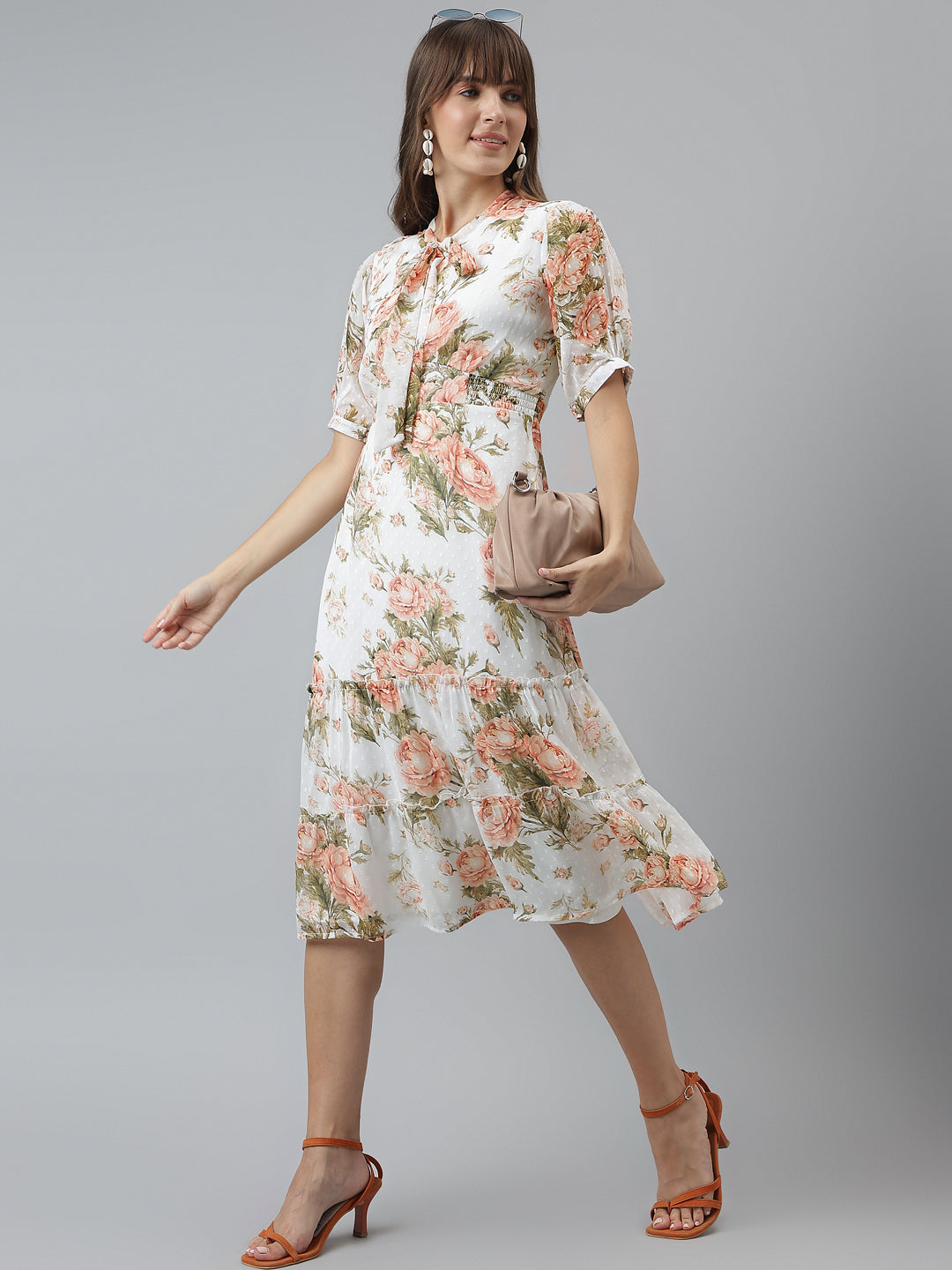 Printed A-Line Casual Half Sleeves Ivory Dress