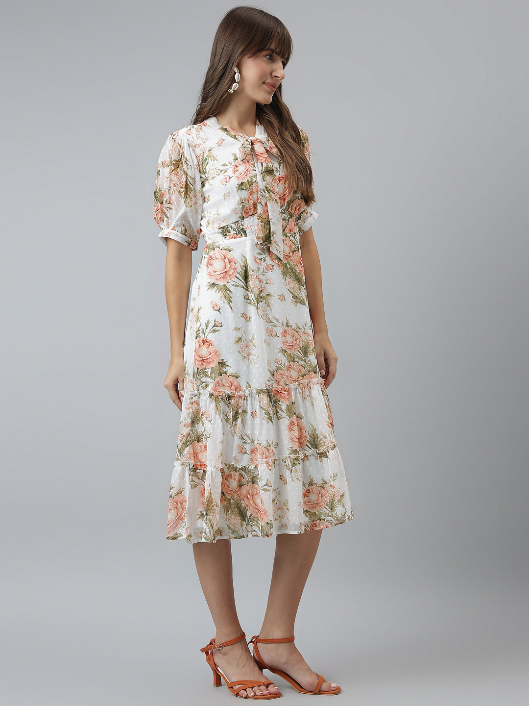 Printed A-Line Casual Half Sleeves Ivory Dress