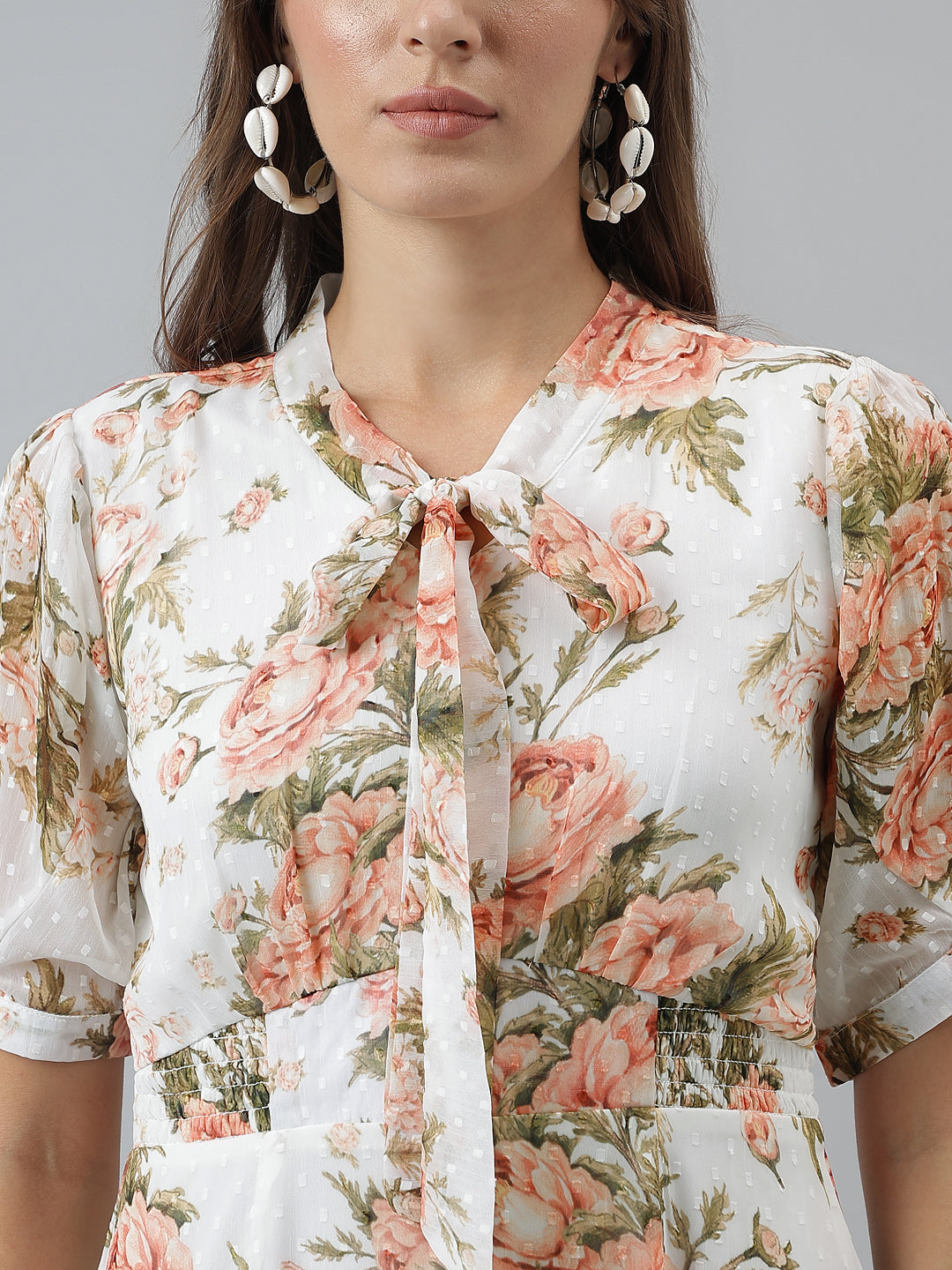 Printed A-Line Casual Half Sleeves Ivory Dress