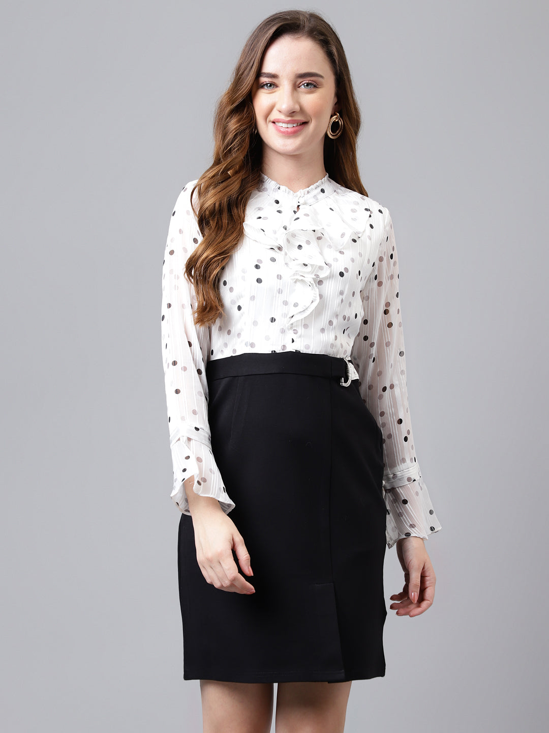 White Full Sleeves Bodycon Ruffle Neck Above Knee Dress