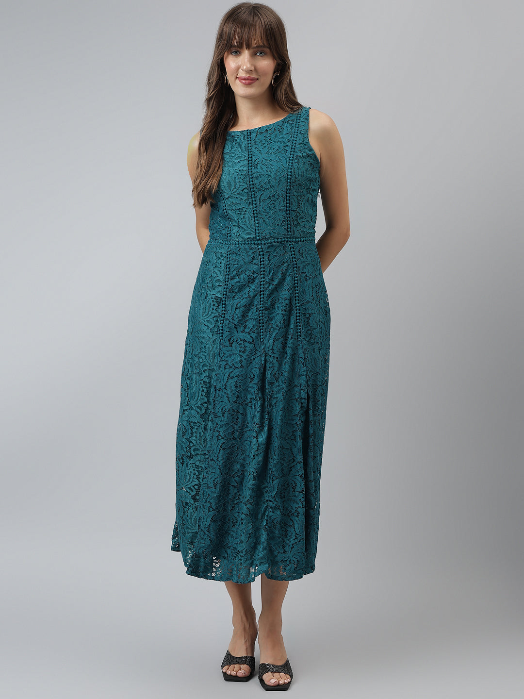 Teal Sleeveless A Line Round Neck Maxi Dress