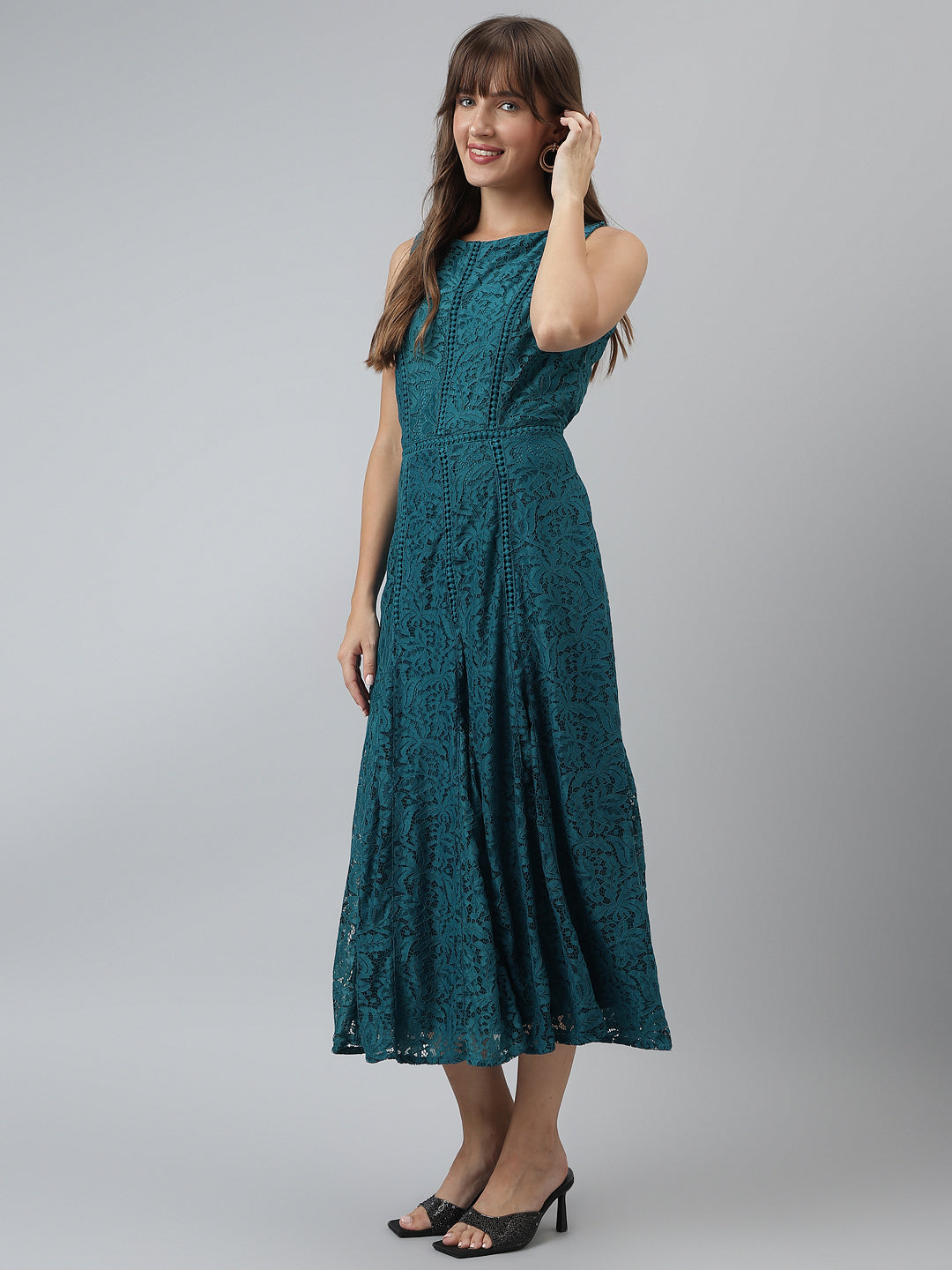 Teal Sleeveless A Line Round Neck Maxi Dress