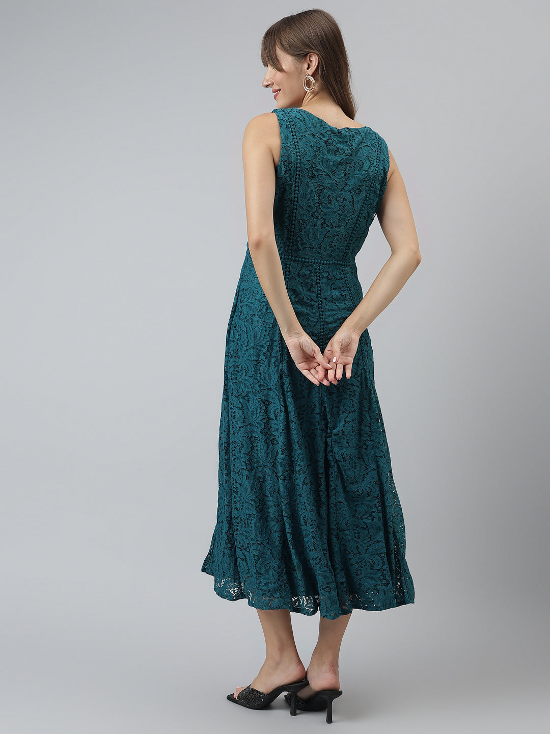 Teal Sleeveless A Line Round Neck Maxi Dress