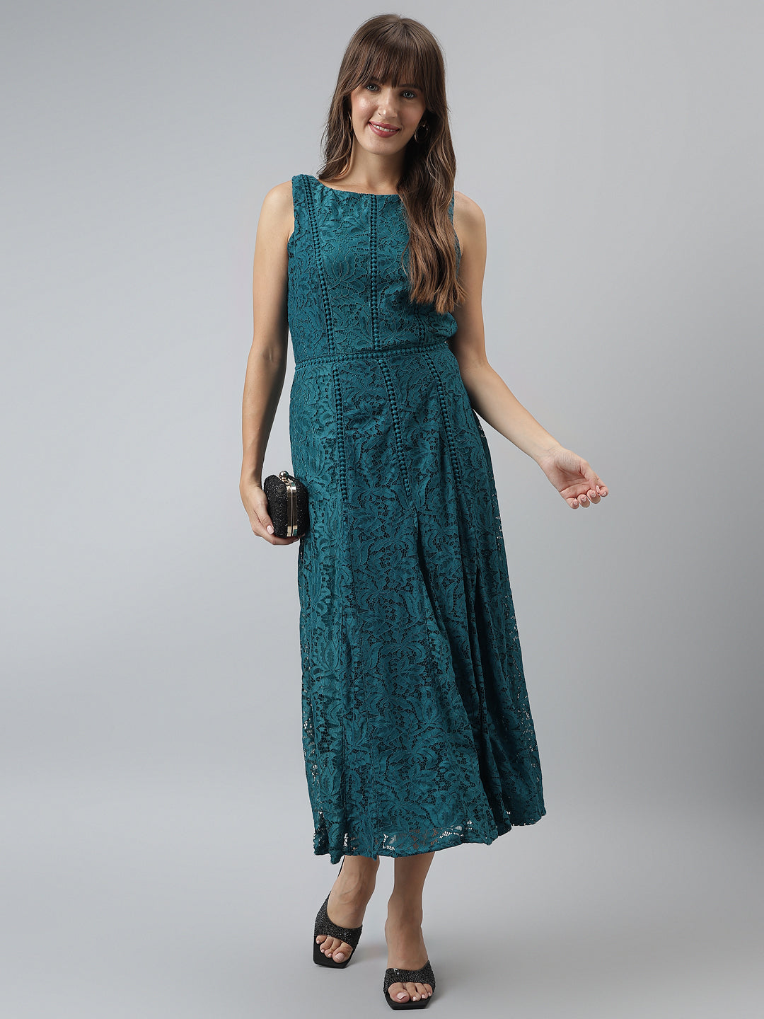 Teal Sleeveless A Line Round Neck Maxi Dress