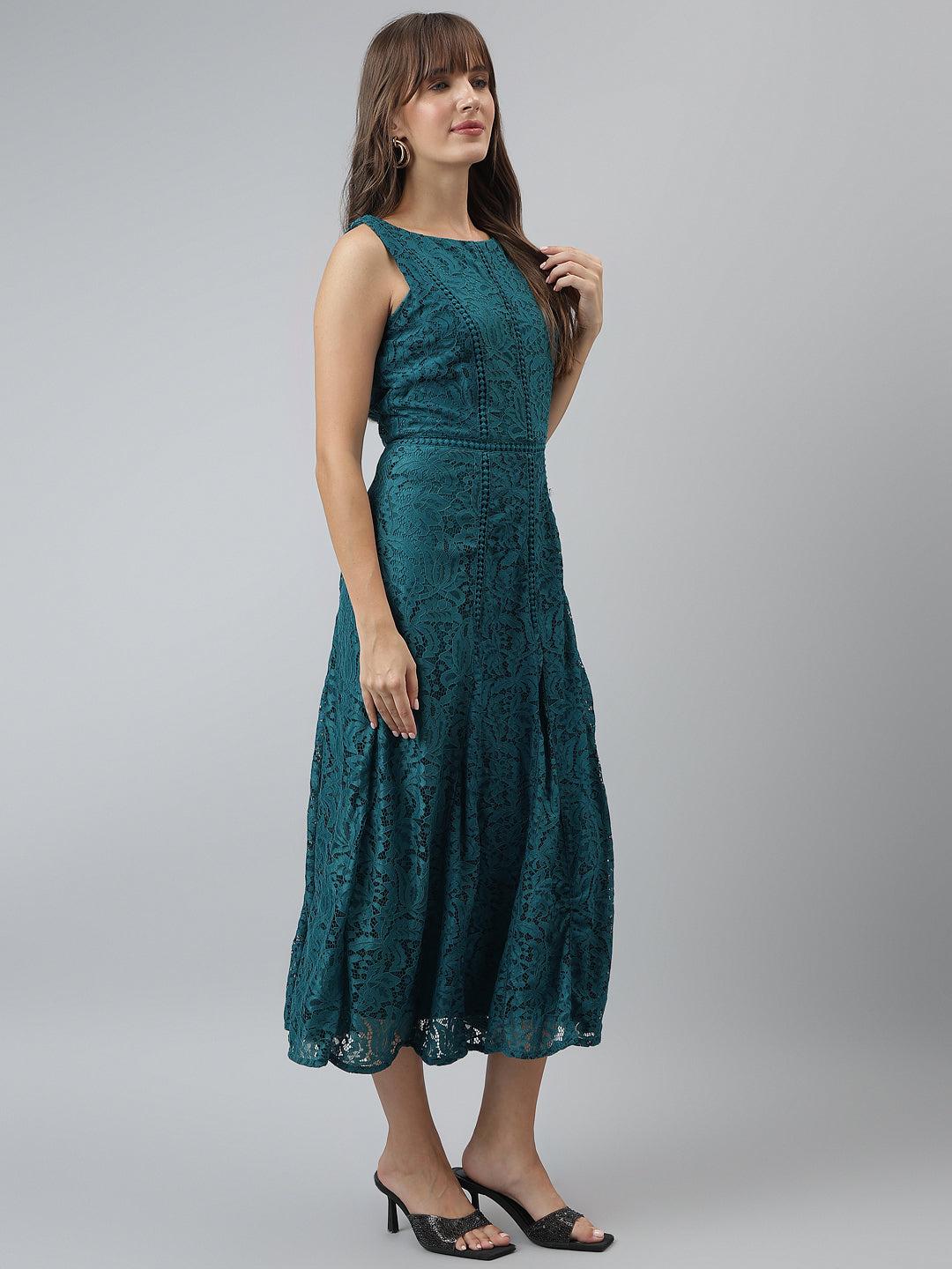 Teal Sleeveless A Line Round Neck Maxi Dress