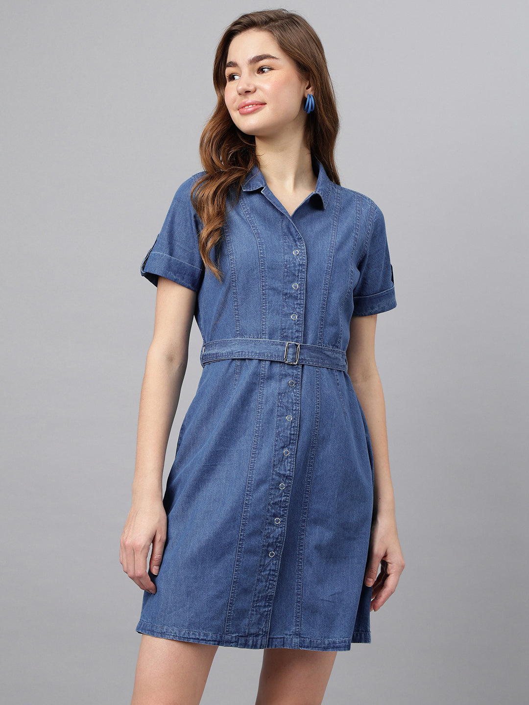 Blue Shirt Collar Short Sleeves Solid A-Line Dress For Casual Wear