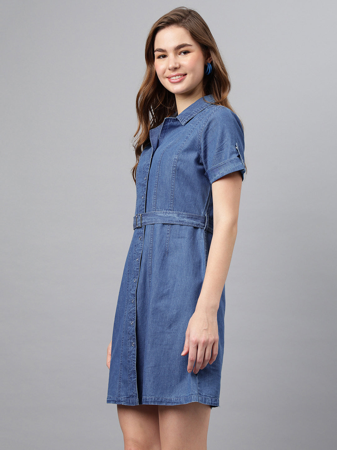 Blue Shirt Collar Short Sleeves Solid A-Line Dress For Casual Wear