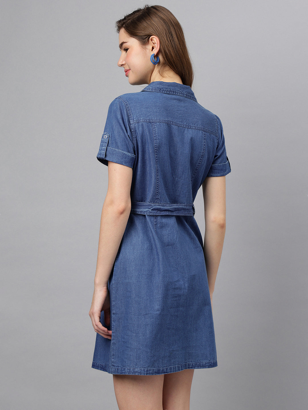 Blue Shirt Collar Short Sleeves Solid A-Line Dress For Casual Wear