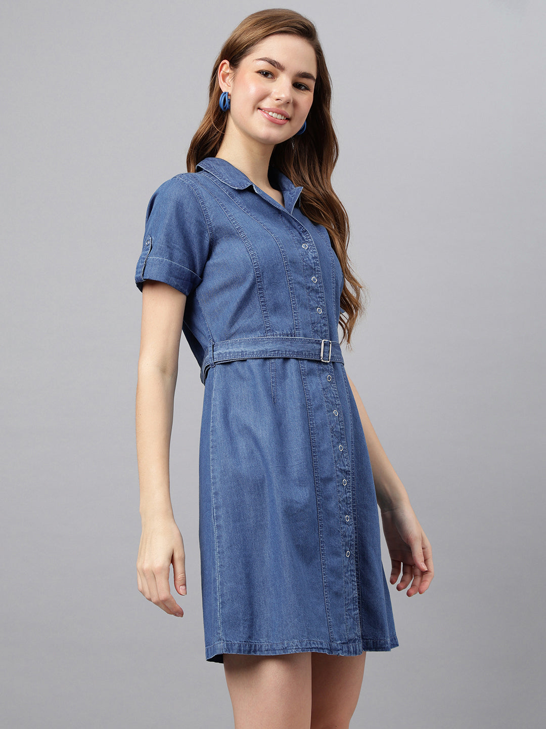 Blue Shirt Collar Short Sleeves Solid A-Line Dress For Casual Wear