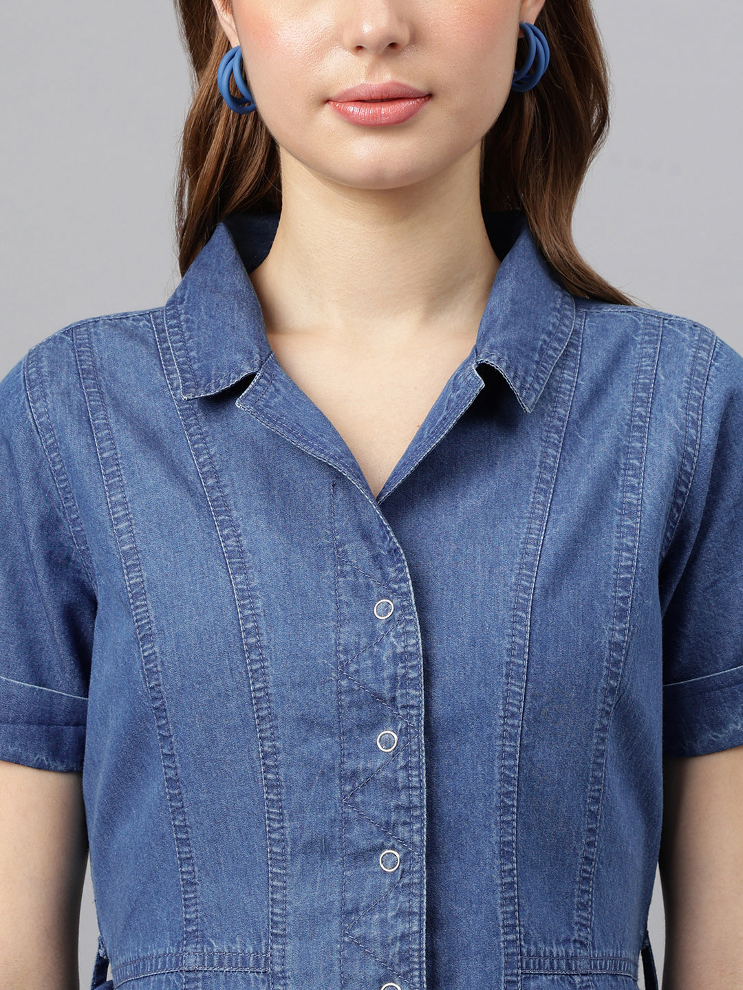 Blue Shirt Collar Short Sleeves Solid A-Line Dress For Casual Wear