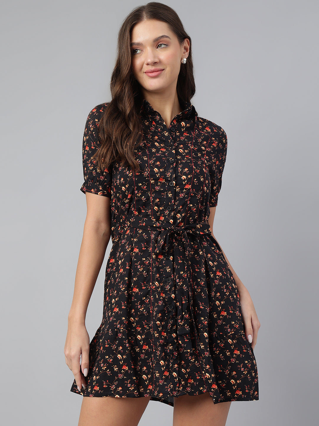 Trendy Black Half Sleeve Collar Printed Casual Dress For Effortless Chic