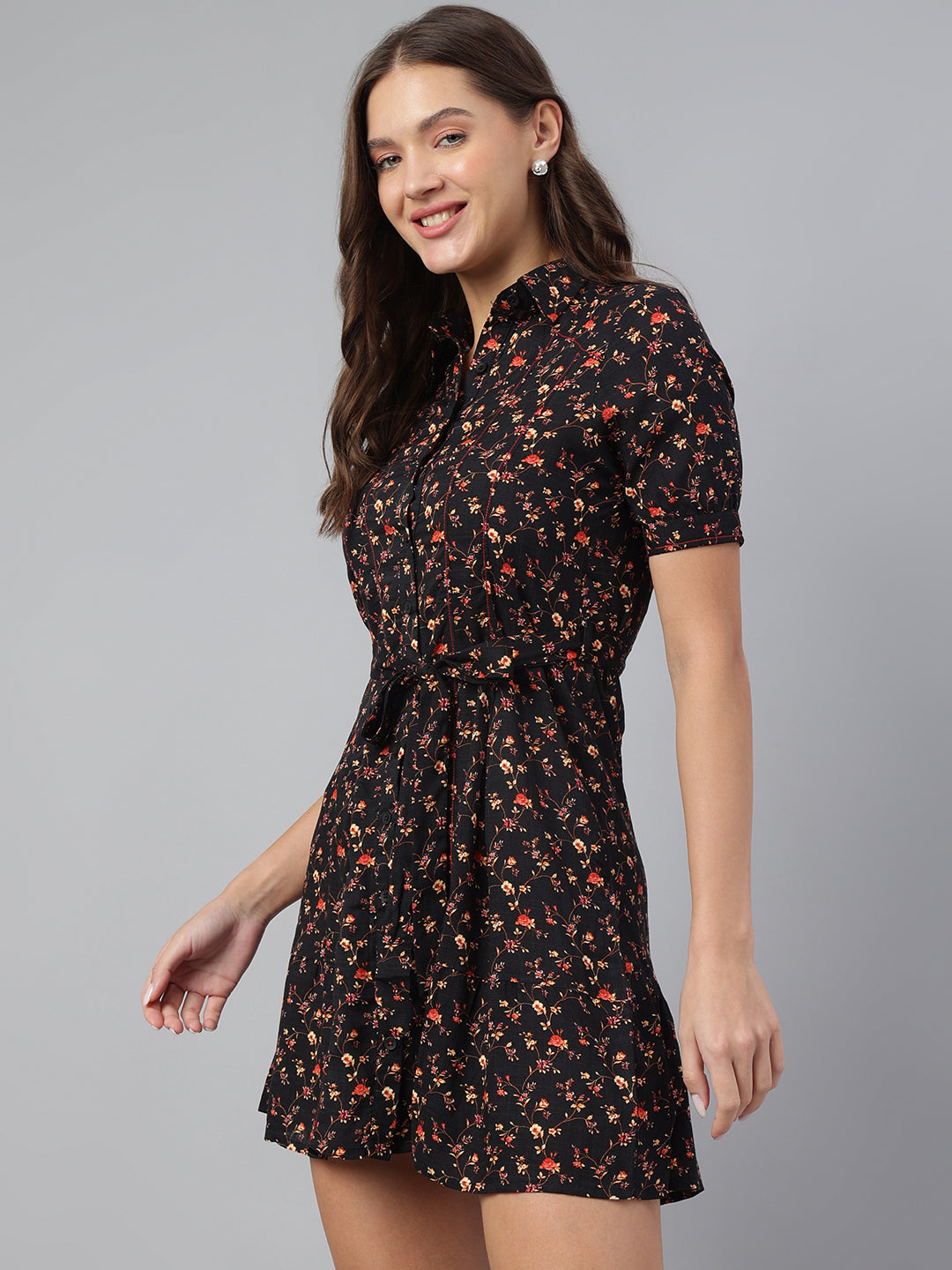 Trendy Black Half Sleeve Collar Printed Casual Dress For Effortless Chic